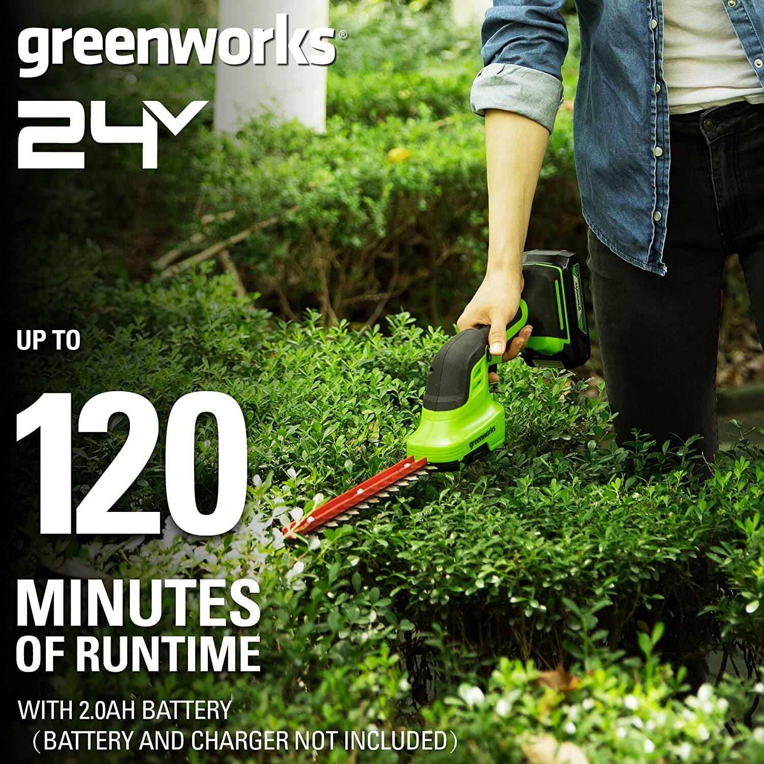 greenworks 24V

UP TO 120 MINUTES OF RUNTIME

WITH 2.0AH BATTERY (BATTERY AND CHARGER NOT INCLUDED)