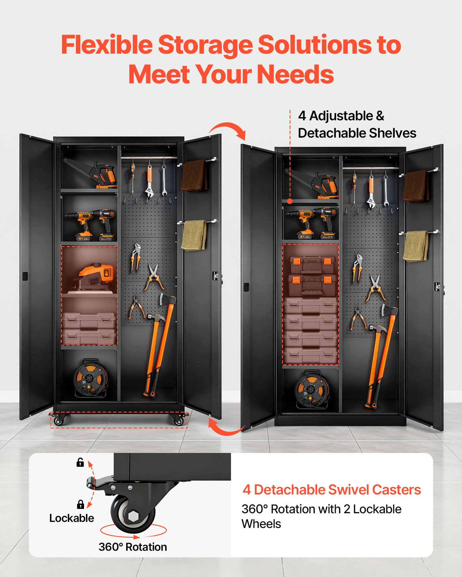 Flexible Storage Solutions to Meet Your Needs

4 Adjustable & Detachable Shelves

4 Detachable Swivel Casters
360° Rotation with 2 Lockable Wheels