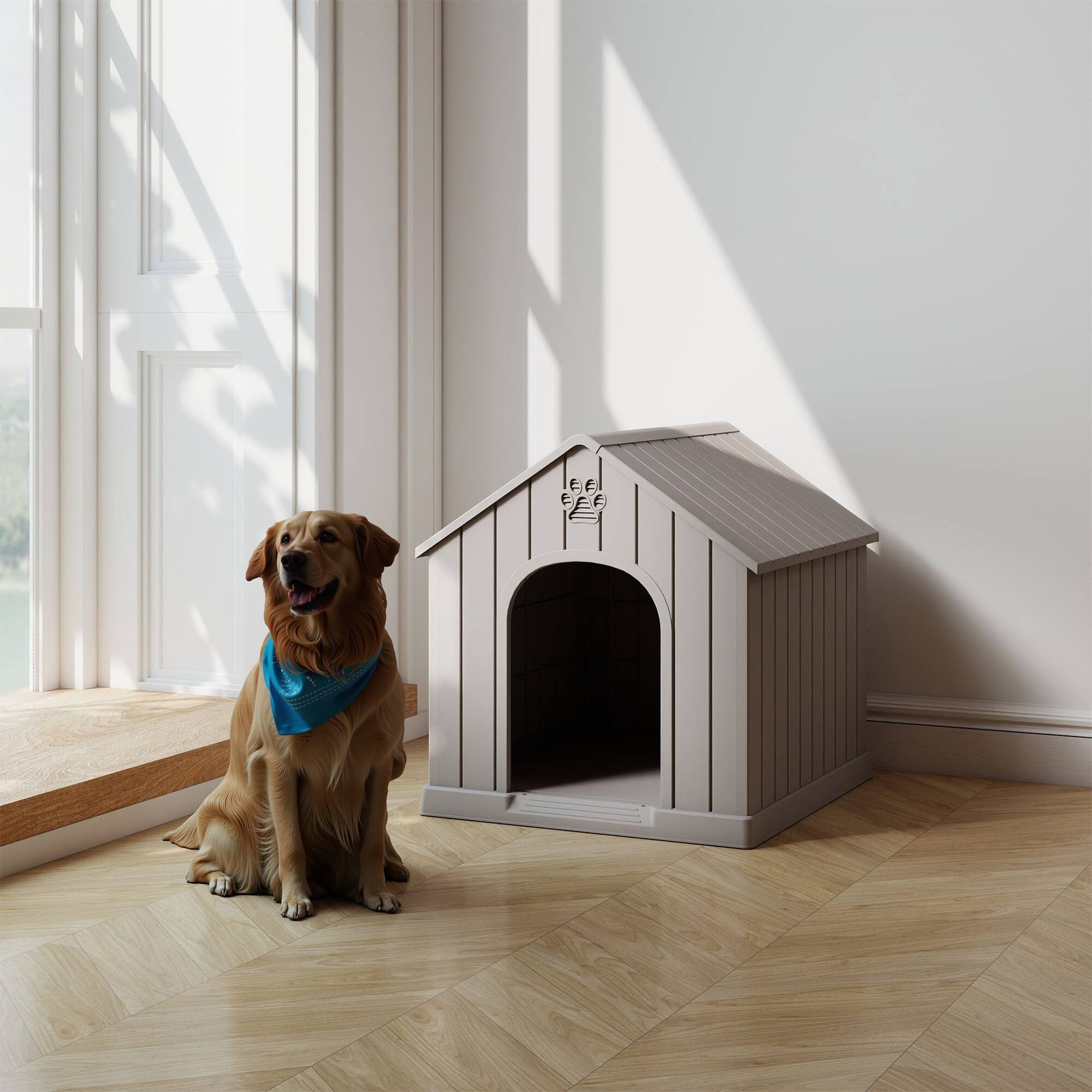 Angle. Yardgrace - Durable Waterproof Plastic Pet House Indoor Outdoor Puppy Shelter Kennel with Air Vents、Elevated Floor and Roof,Medium - Grey.