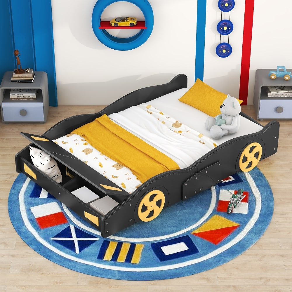 Loheer - Full Size Race Car Bed with Storage, Black Yellow Car Shaped Platform Bed - Black+Yellow price history on PriceWatchPro