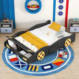 Loheer - Full Size Race Car Bed with Storage, Black Yellow Car Shaped Platform Bed - Black+Yellow