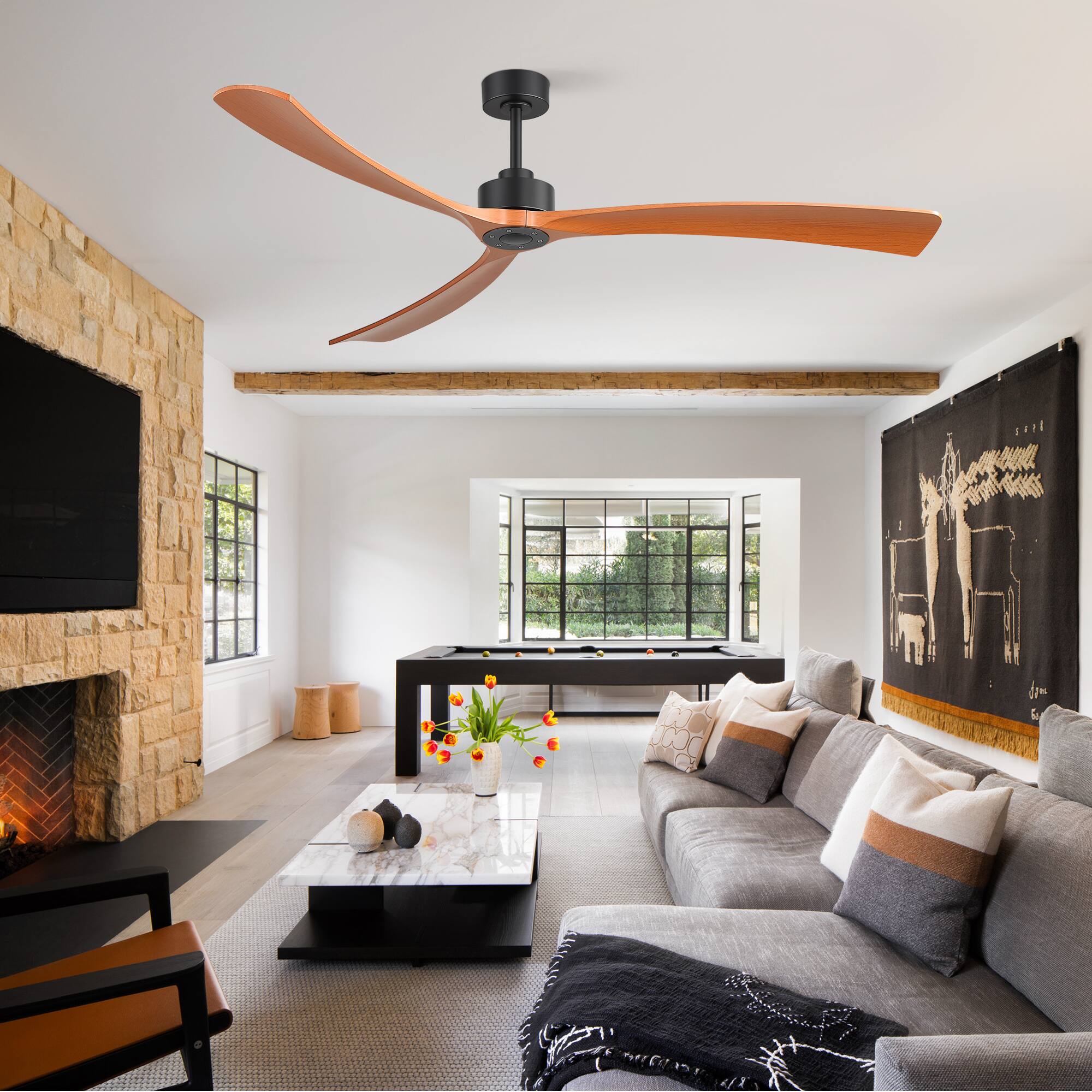 Alt View 1. Breezary - 72-Inch Quiet Ceiling Fan with 3 Blades, DC Motor, 6 Speeds, Remote Control, Downrod Mount, Timer Function - 72-Inch Black and Walnut.