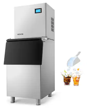 Front. VEVOR - Commercial Ice Maker Machine, 360LBS/24H Ice-Making Machine with 250LBS Large Storage Bin, Auto Self-Cleaning Ice Maker - Stainless steel color.