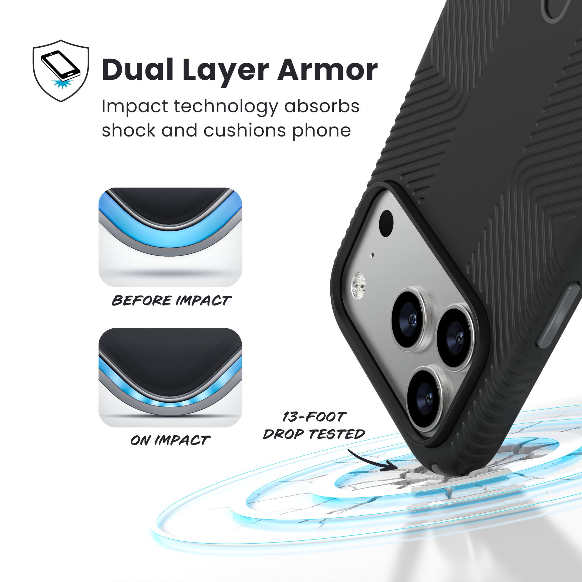 Dual Layer Armor  
Impact technology absorbs shock and cushions phone  

BEFORE IMPACT  
ON IMPACT  

13-FOOT DROP TESTED