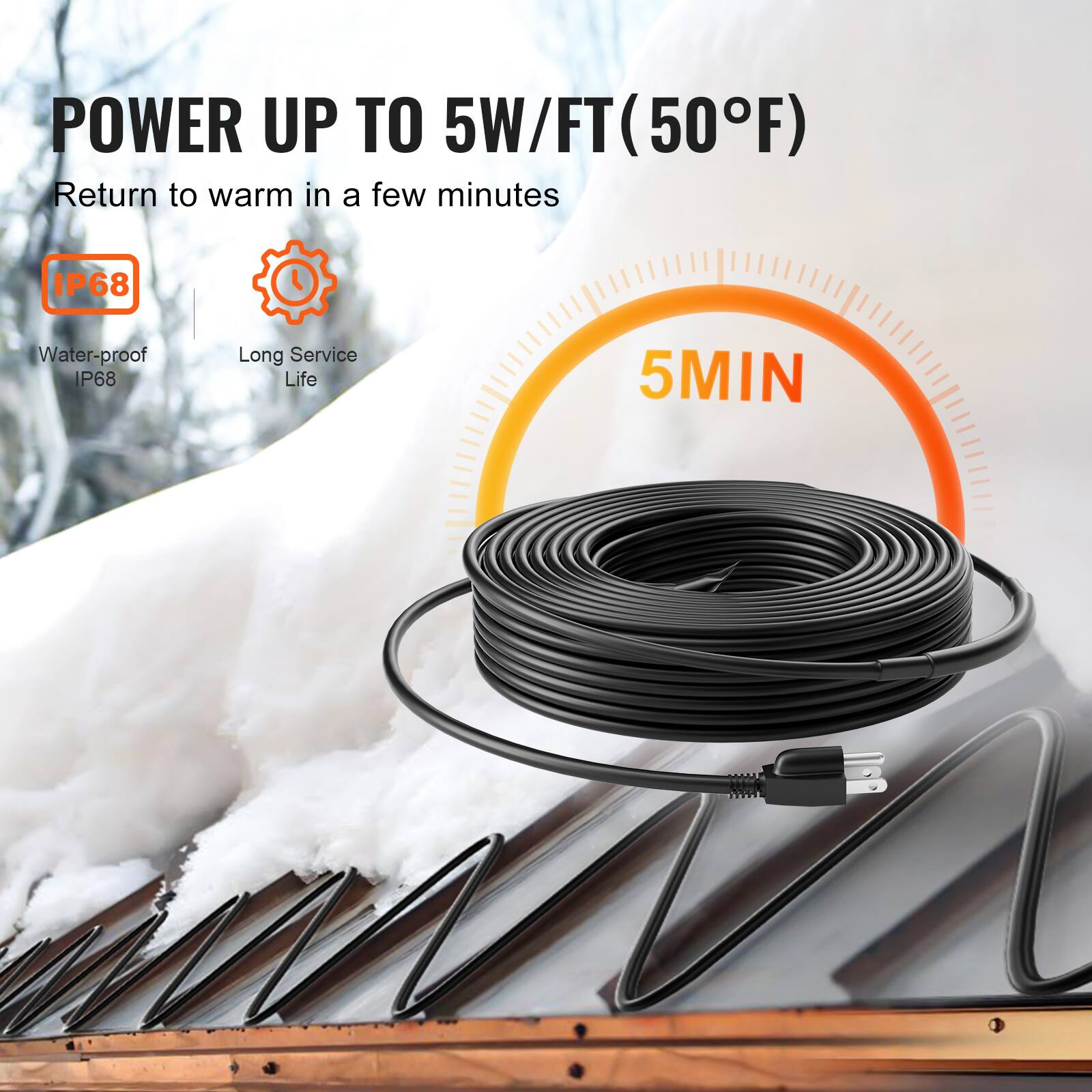 POWER UP TO 5W/FT (50°F)  
Return to warm in a few minutes  
IP68 Water-proof IP68  
Long Service Life  
5MIN