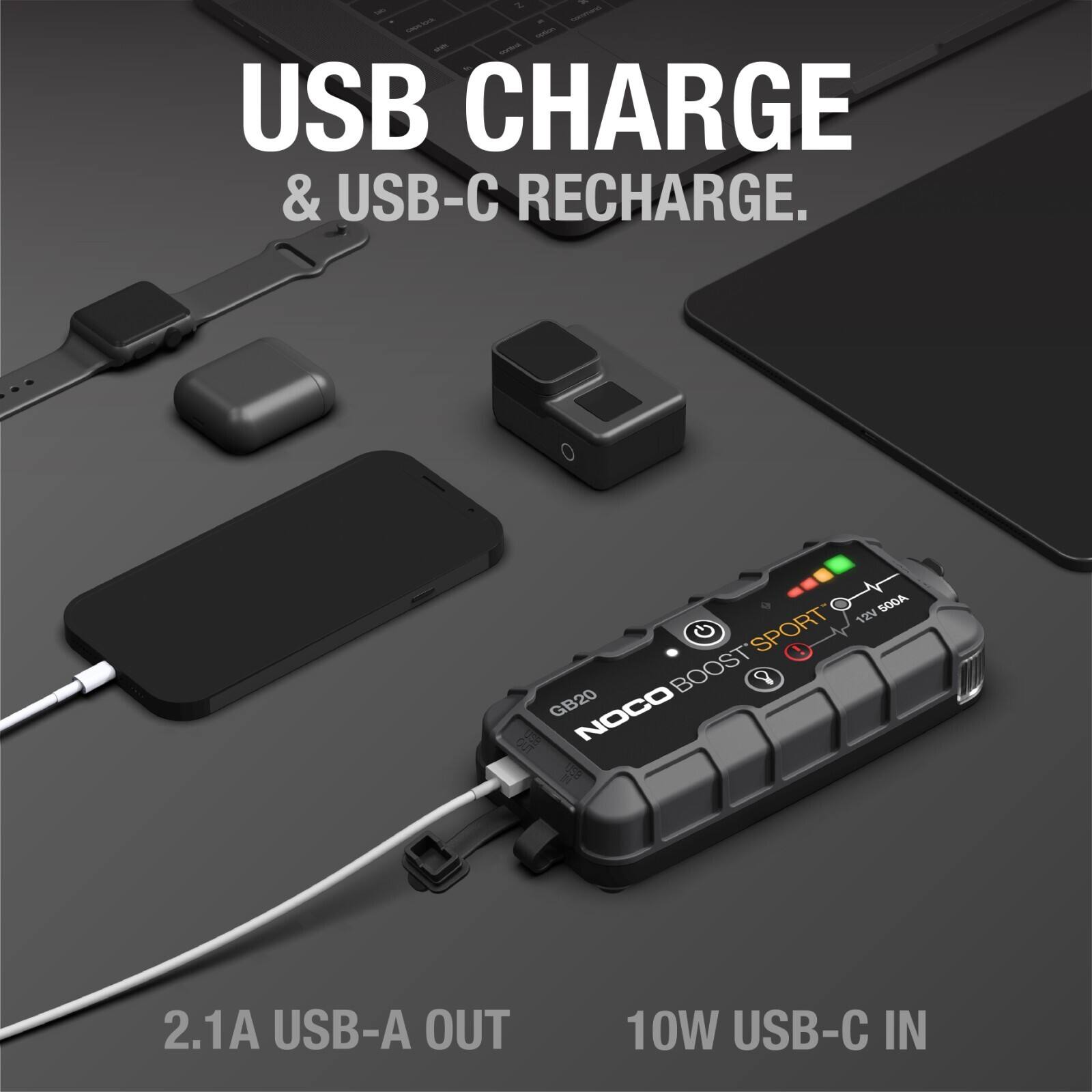 USB CHARGE & USB-C RECHARGE.  
12V A00e G SPORT BOOST 9 GB20 NOCO S F  
2.1A USB-A OUT 10W USB-C IN