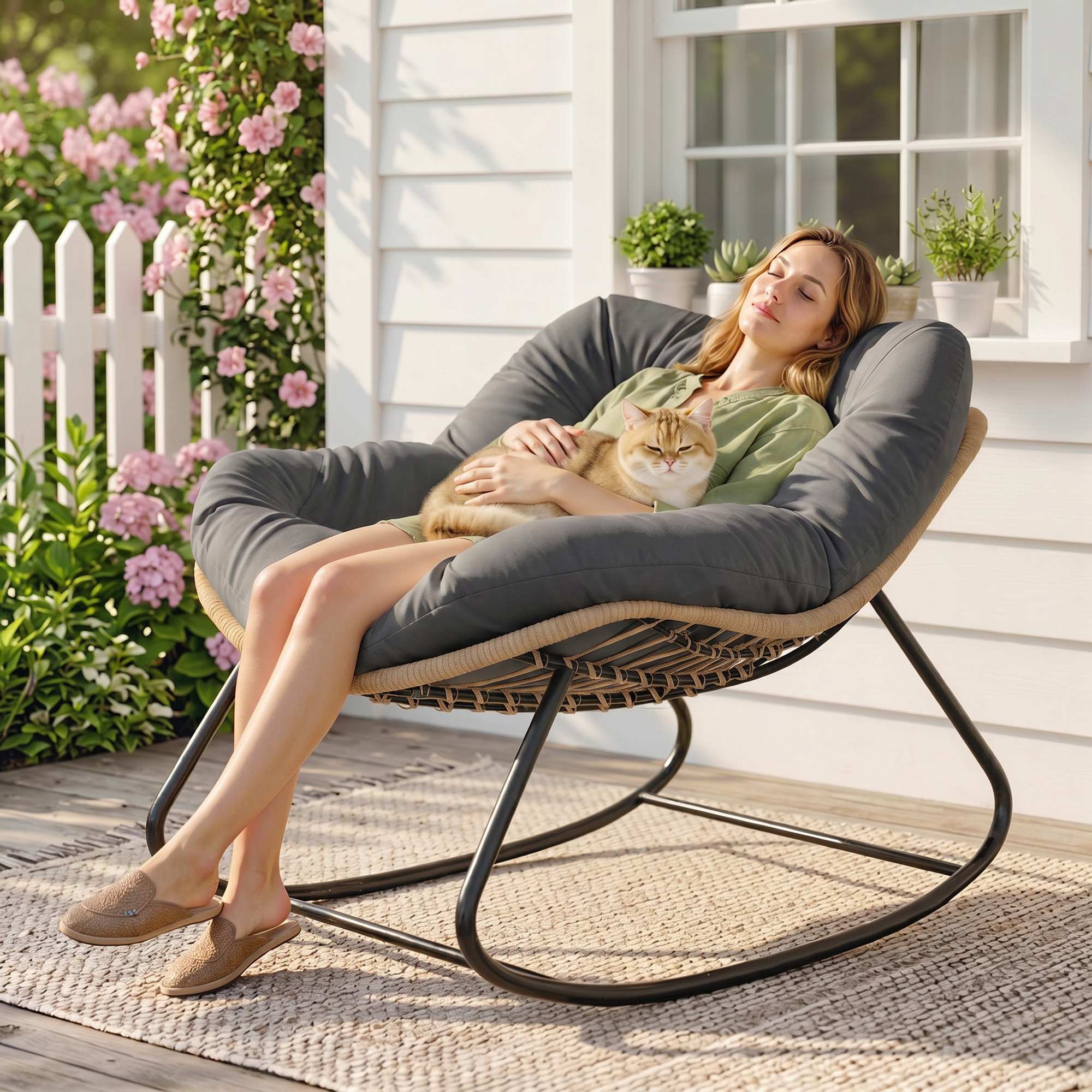 Alt View 1. Outsunny - Outdoor Papasan Rocking Chair, Oversized Rocking Egg Chair with Cushion for Garden, Patio - Dark Gray.