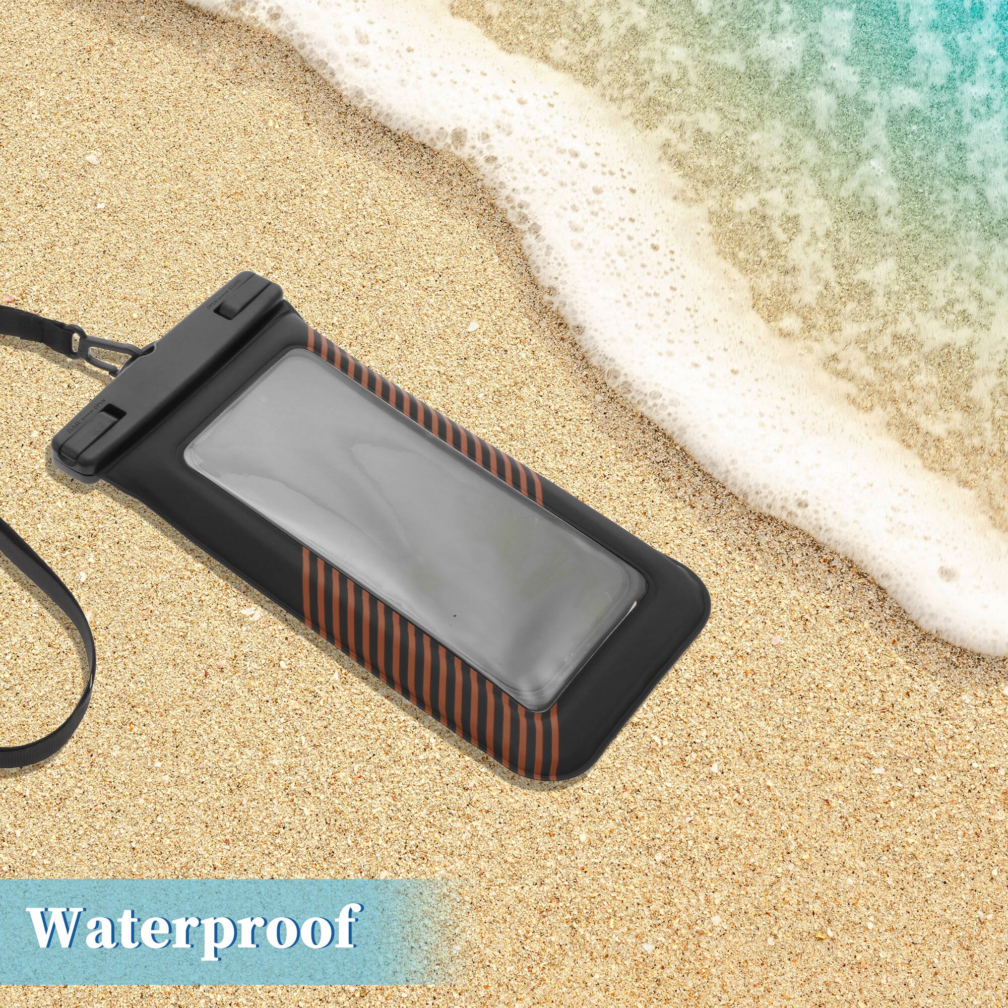 Alt View 1. Unique Bargains - 2pcs Half Stripe Mobile Waterproof Bag Universal Waterproof Case Compatible for Phone 4.53"x8.27" - Black Orange.