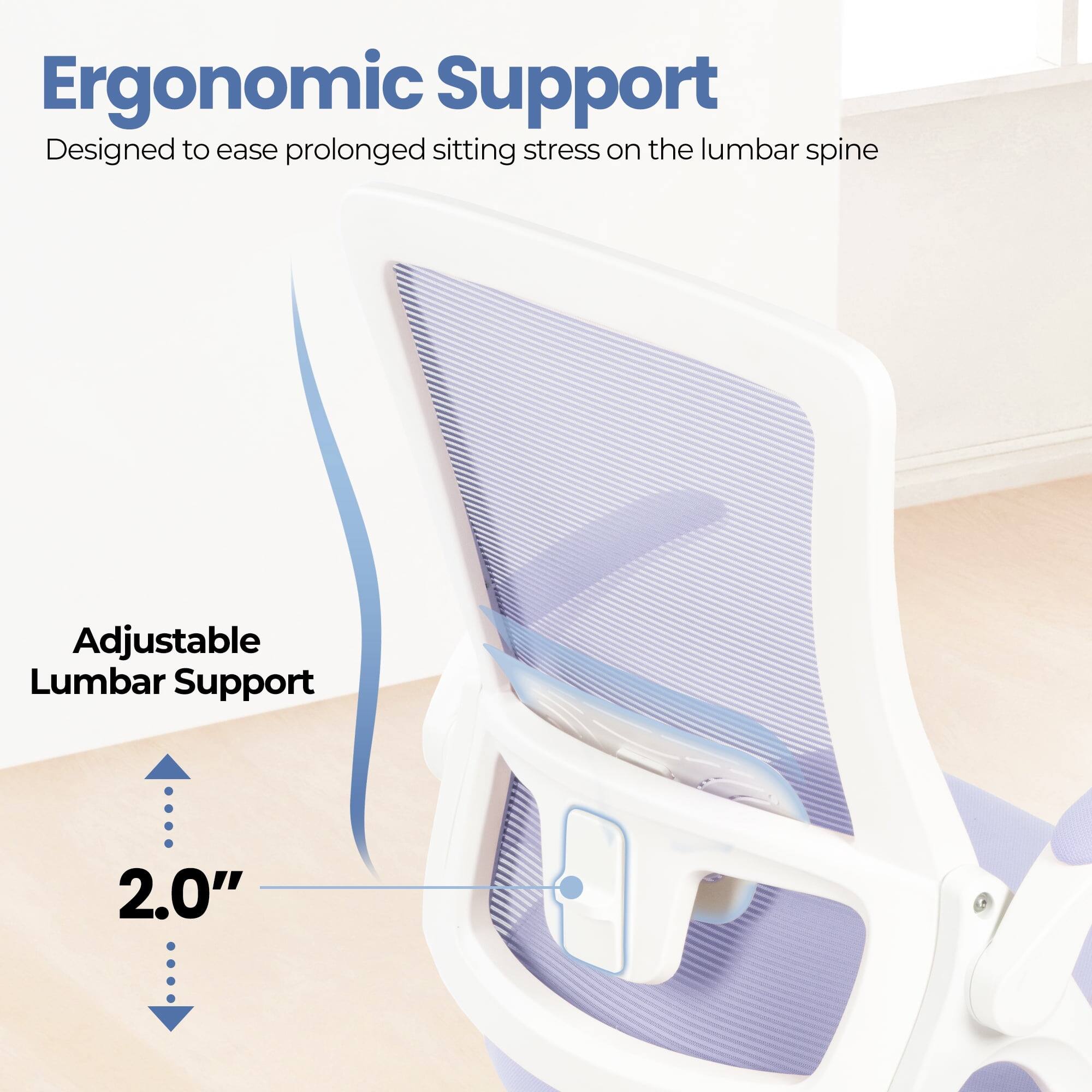 Ergonomic Support  
Designed to ease prolonged sitting stress on the lumbar spine  

Adjustable Lumbar Support  
2.0"