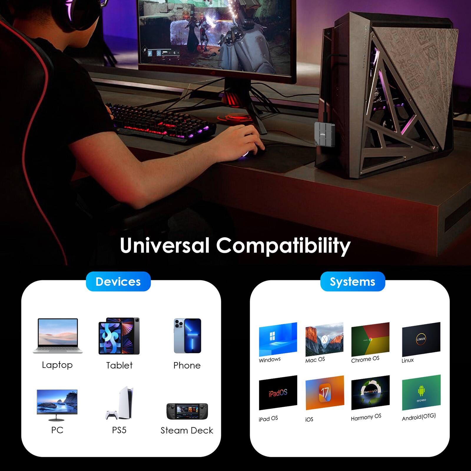 Universal Compatibility

Devices
- Laptop
- Tablet
- Phone
- PC
- PS5
- Steam Deck

Systems
- Windows
- Mac OS
- Chrome OS
- Linux
- iPadOS
- iOS
- Harmony OS
- Android (OTG)