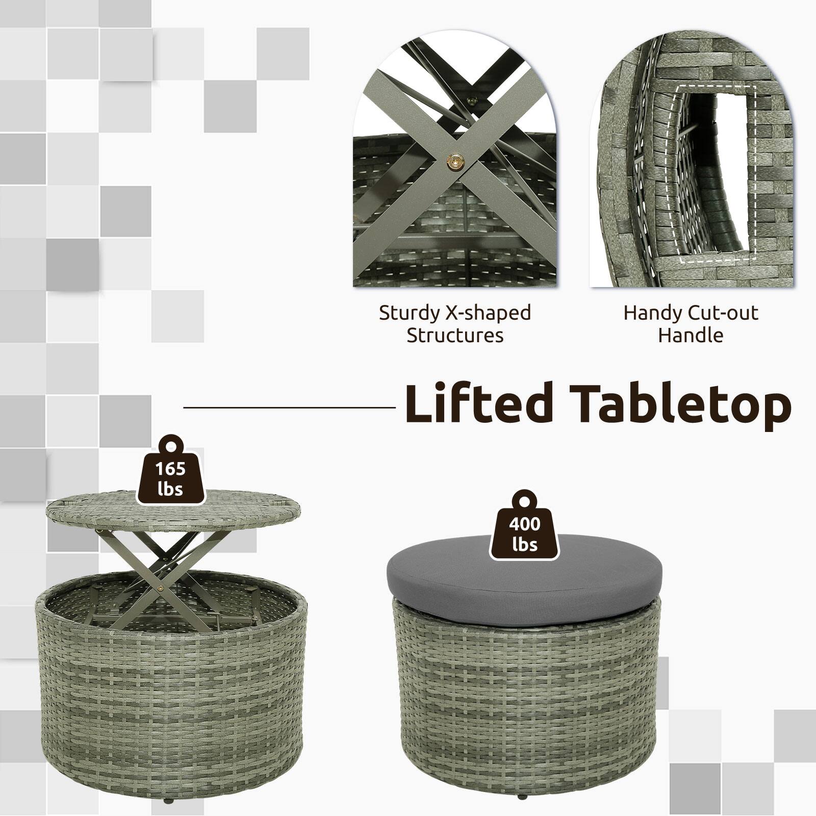 Sturdy X-shaped Structures  
Handy Cut-out Handle  
Lifted Tabletop  
165 lbs  
400 lbs