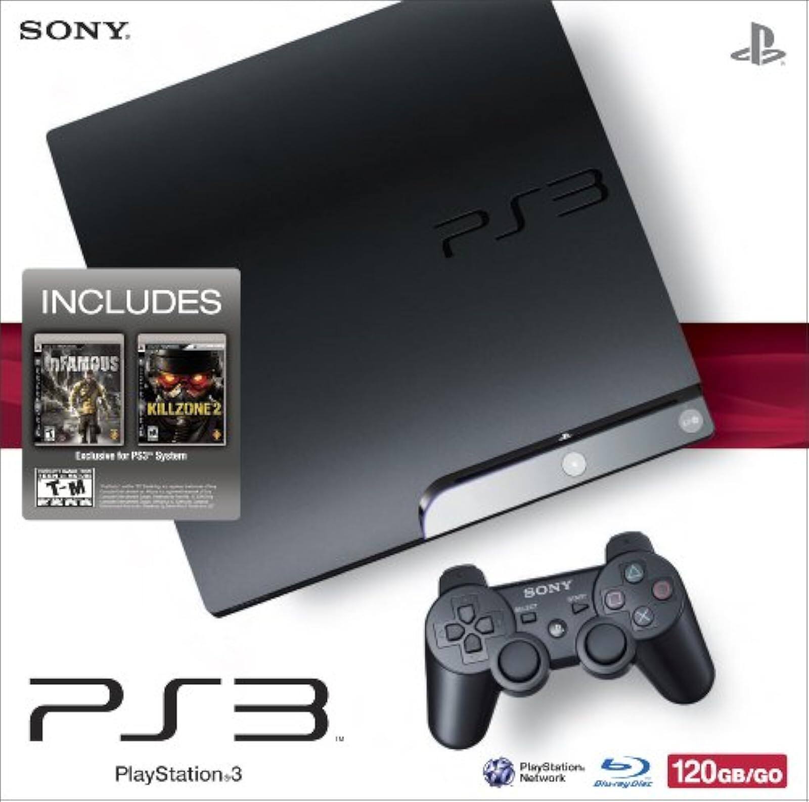 SONY PS3  
PlayStation 3  
INCLUDES  
INFAMOUS  
KILLZONE 2  
Exclusive for PS3 System  
PlayStation Network  
120GB/GO  
Blu-ray Disc