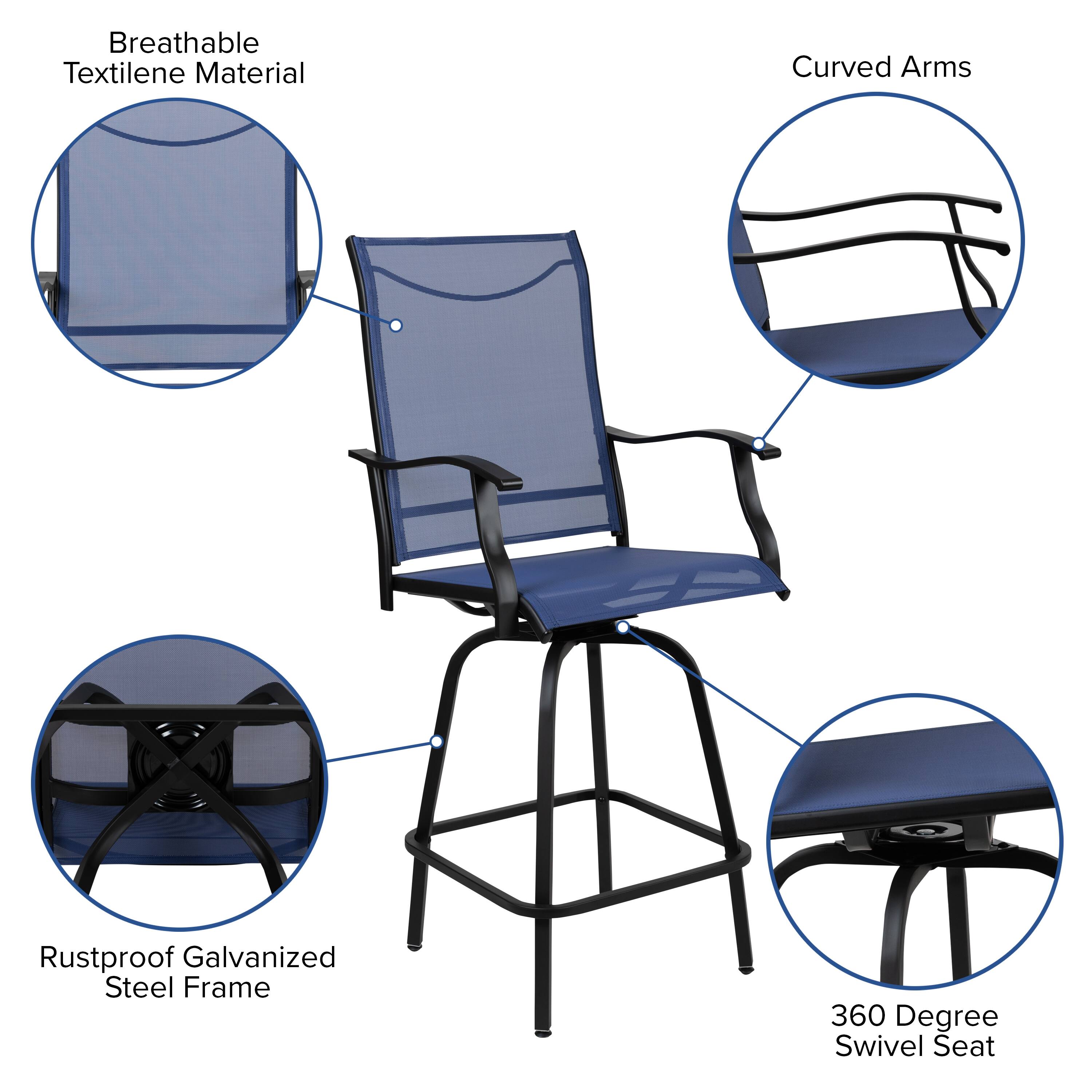 Breathable Textilene Material  
Curved Arms  
Rustproof Galvanized Steel Frame  
360 Degree Swivel Seat