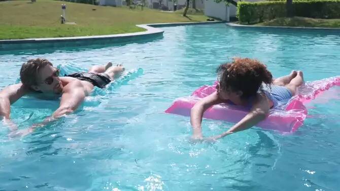 Left. Joyfy - 2 Packs Inflatable Pool Floats Air Mat with Headrest, Pool Floats Raft for Adults,Mat for Beach Water Fun (Blue,Purple).