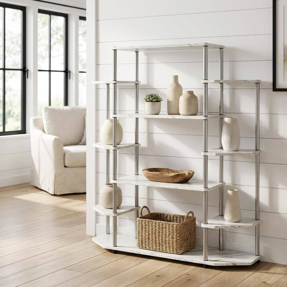 Alt View 1. FurniFact - Contemporary Wall Unit Bookshelf with Modern Storage and Display Space - White Faux Marble.