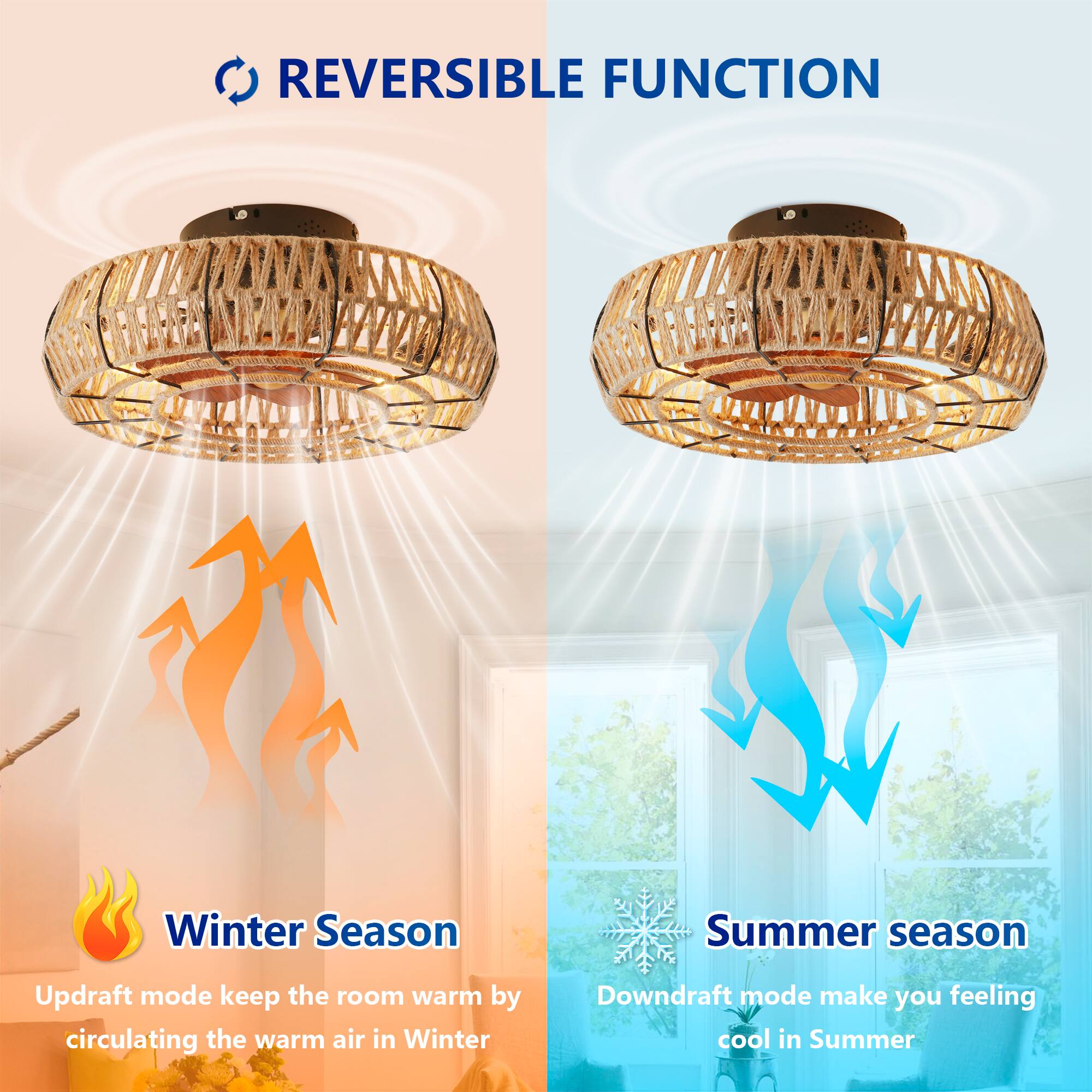 REVERSIBLE FUNCTION

Winter Season
Updraft mode keeps the room warm by circulating the warm air in Winter

Summer Season
Downdraft mode makes you feel cool in Summer