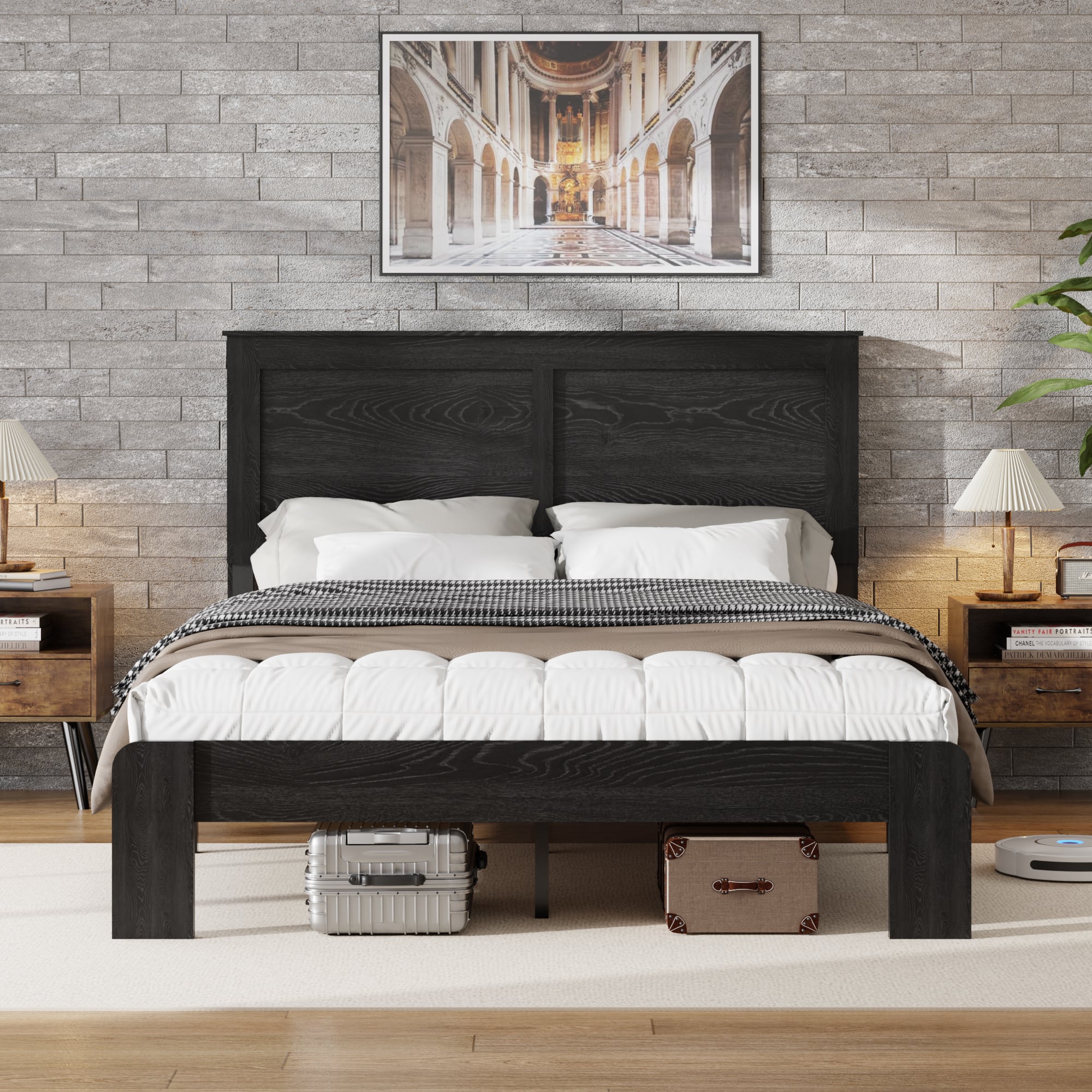 LUCKY ONE - King Size Wood Platform Bed Frame - Antique Black