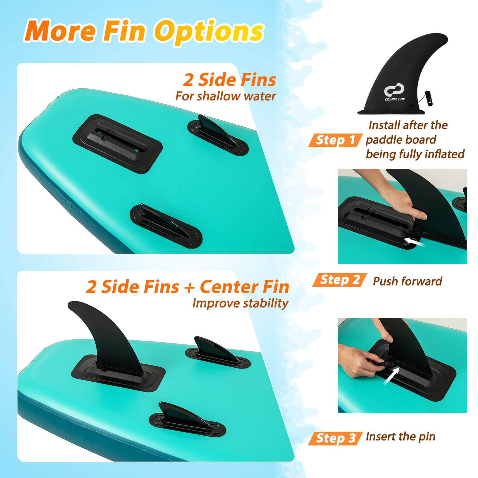 More Fin Options: 2 Side Fins + Center Fin
For shallow water
Install after the Step 1 paddle board being fully inflated
Improve stability
Step 2: Push forward
Step 3: Insert the pin