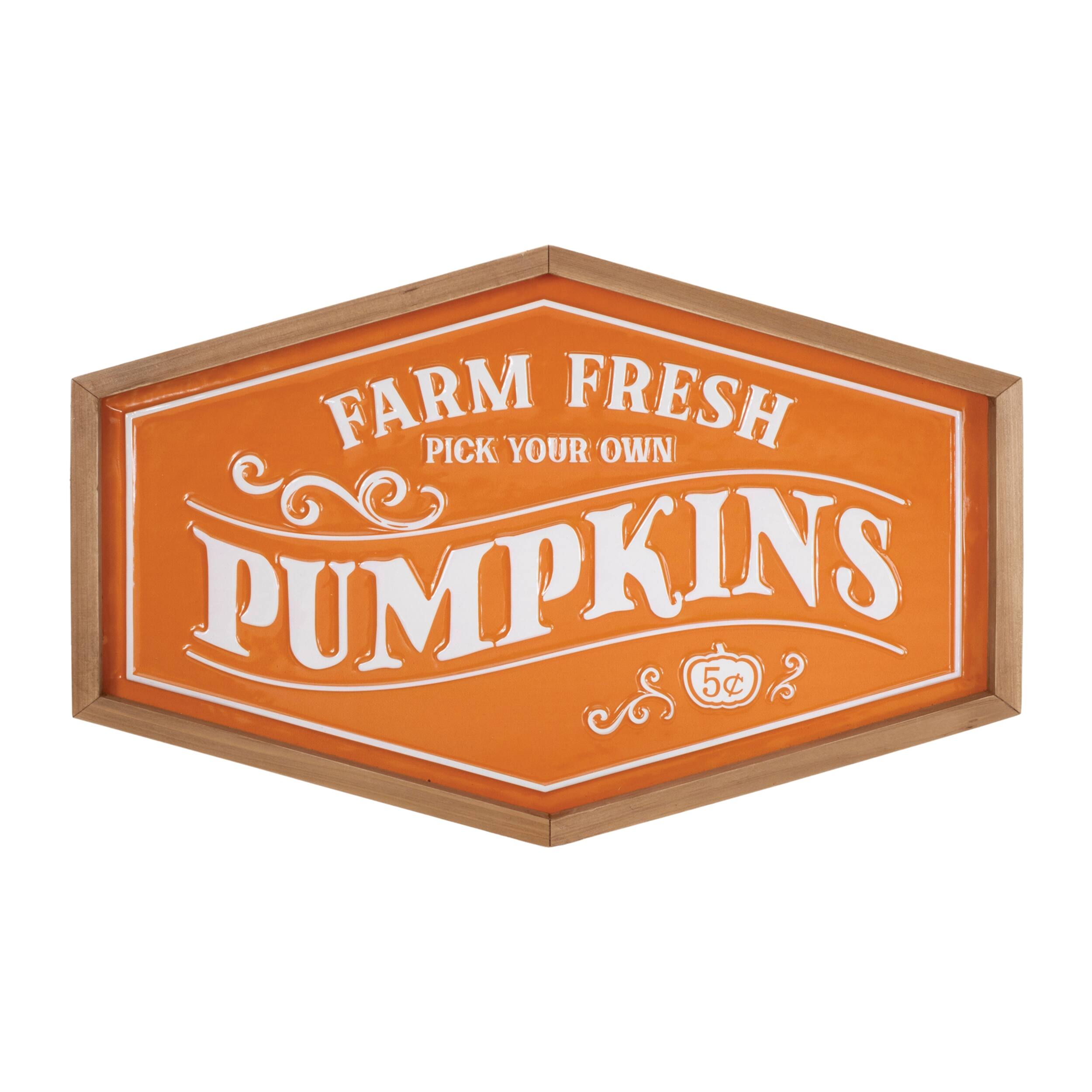BreeBe - Framed Metal Farm Fresh Pumpkins Sign 19.5"L - Orange, White