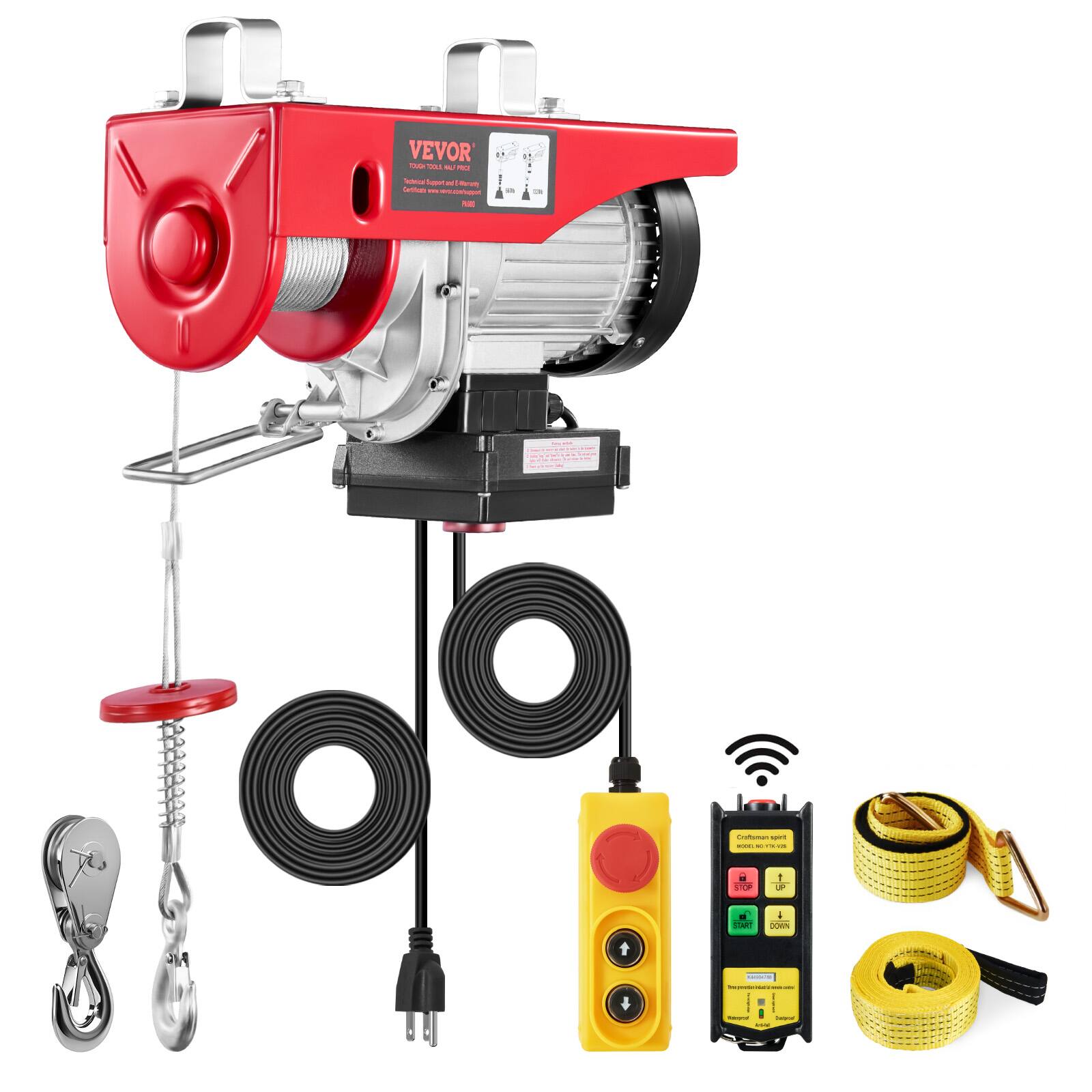 VEVOR - Electric Hoist, 1320 lbs 120V Electric Winch with 328 ft Wireless & 14 ft Wired Remote Control, 40 ft Single Cable - Red