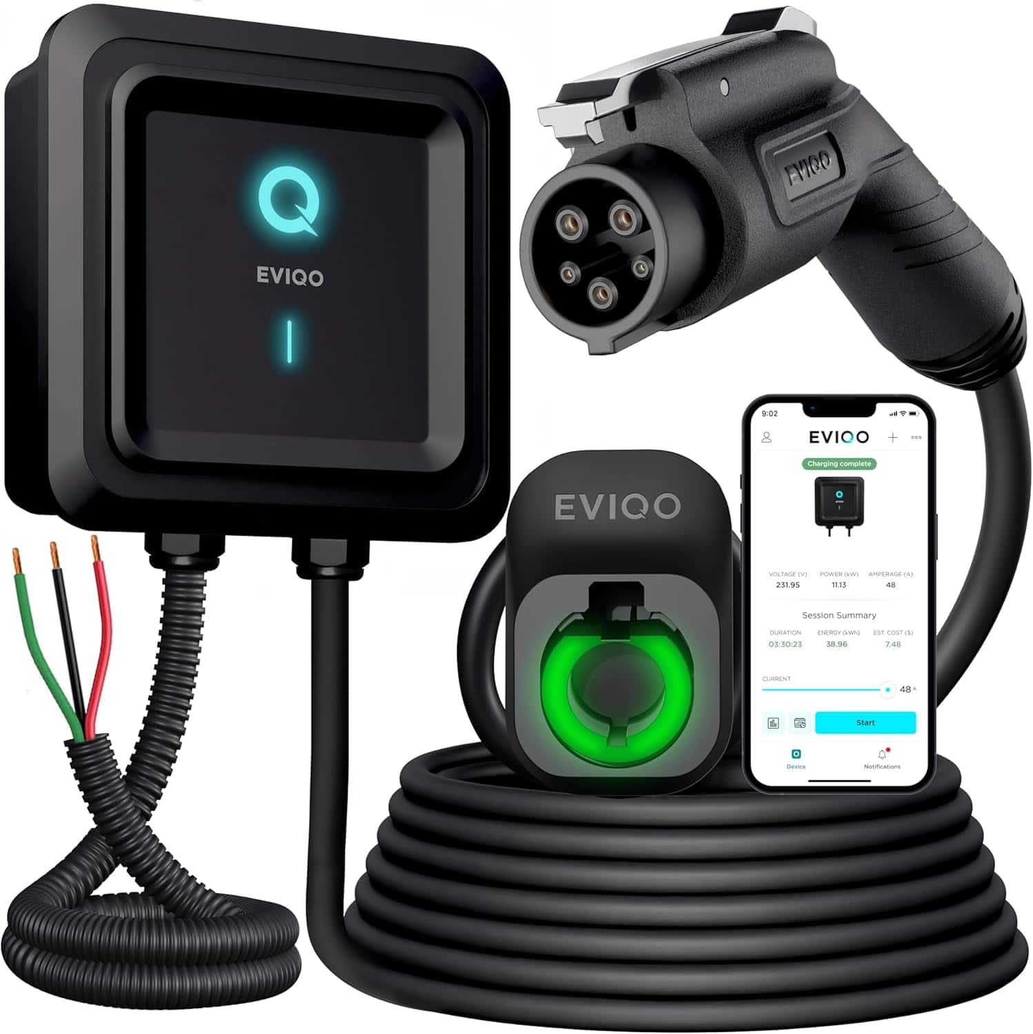 EVIQO - Level 2 EV Charger, 48 Amp, J1772 Charger, 25ft Cable, WiFi, Smart App, Hardwired 240V, 11.5kW - Hardwired, J1772