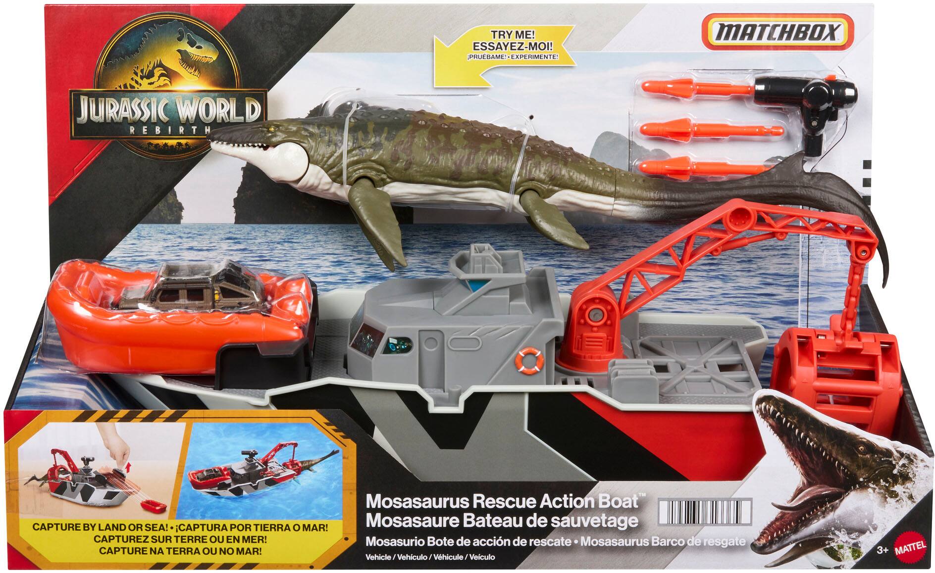 **TRY ME! ESSAYEZ-MOI! PRUEBAME! EXPERIMENTE!**

**JURASSIC WORLD REBIRTH**

**MATCHBOX**

**Mosasaurus Rescue Action Boat**

**Mosasaur Bateau de sauvetage**

**Mosasurio Bote de acción de rescate**

**Mosasaurus Barco de resgate**

**CAPTURE BY LAND OR SEA! CAPTURA POR TIERRA O MAR! CAPTUREZ SUR TERRE OU EN MER! CAPTURE NA TERRA OU NO MAR!**

**Vehicle / Vehículo / Véhicule / Veiculo**

**3+ MATTEL**