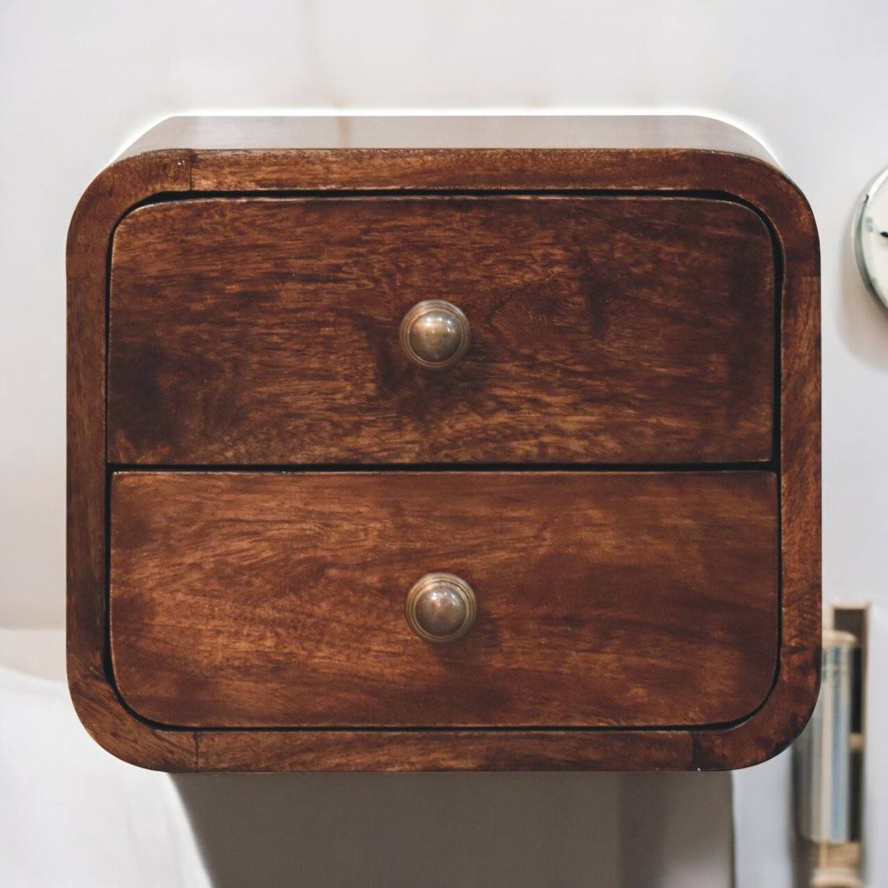 Alt View 6. Artisan Furniture - Artisan Furniture Solid Wood Mini Curved California Walnut Wall Mounted Bedside, 2 Drawers, Dark Brown - Chestnut.