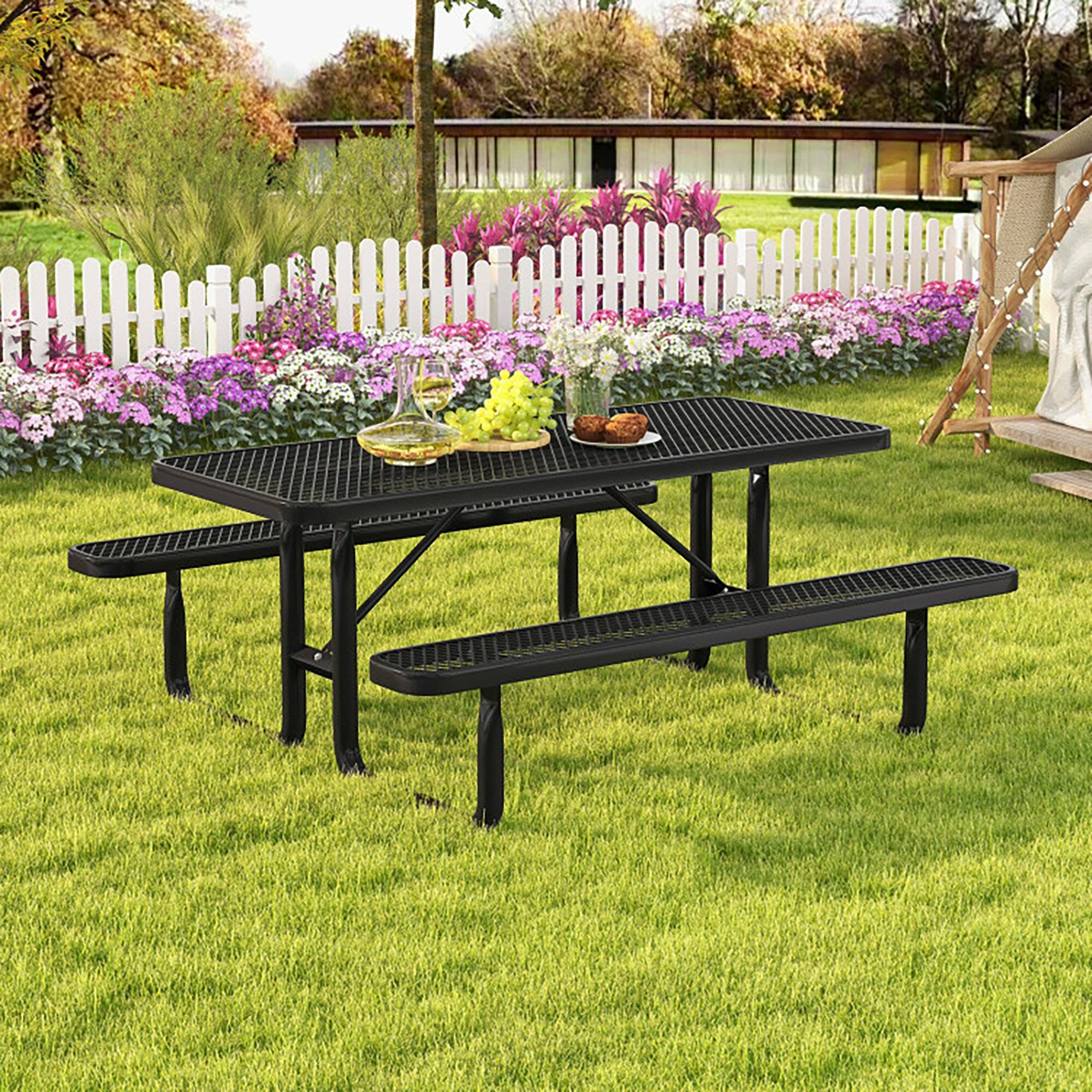 Alt View 7. Boyel Living - Outdoor Picnic Table and Bench Set for 8 Person with Seats and Mesh Grid - Black.
