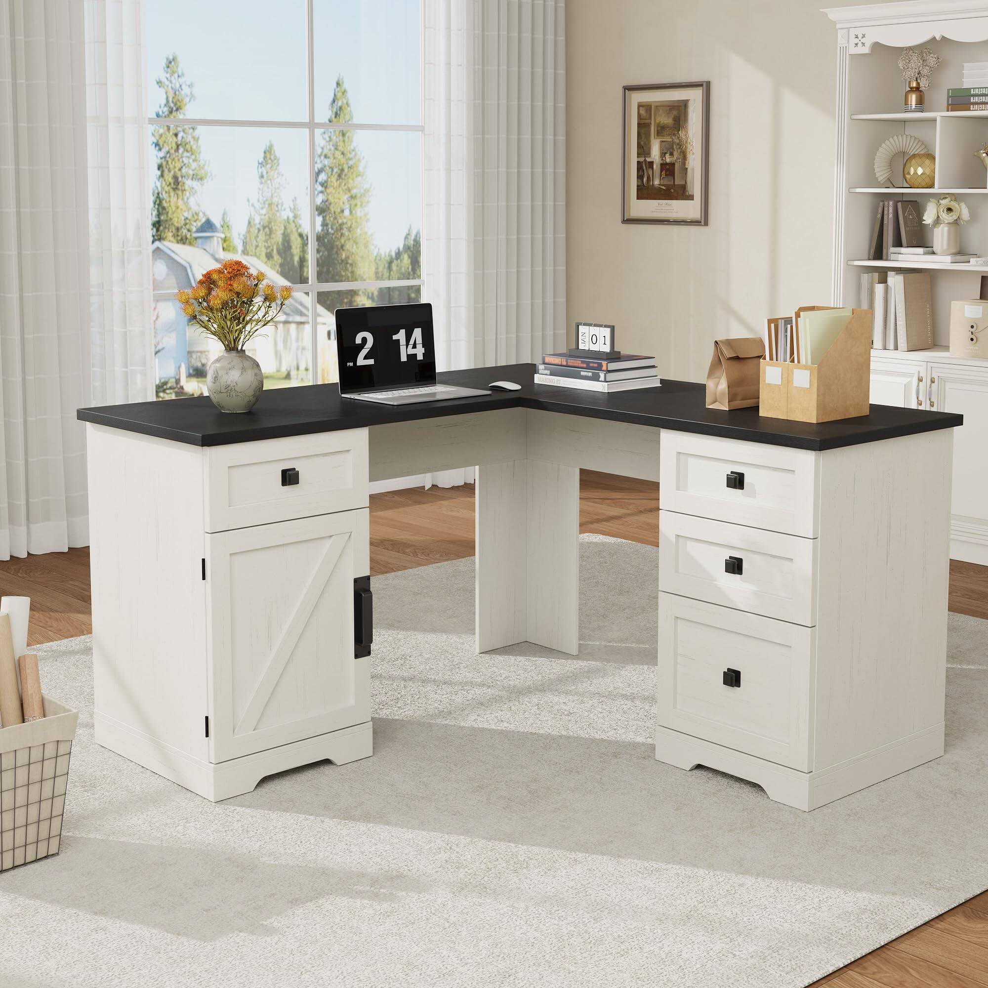 Left. Jojoka - 60" Executive L Shaped Desk, Corner Home Office Desk with File Drawers and Storage Cabinet - Black.