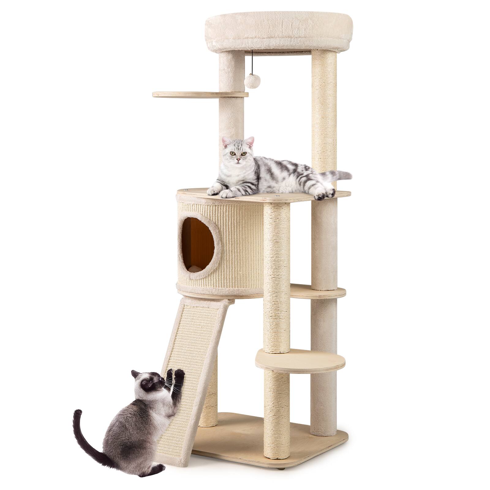 Gymax - 56'' Tall Cat Tree Wooden Kitten Tower w/Sisal Scratching Posts & Mat & Ladder