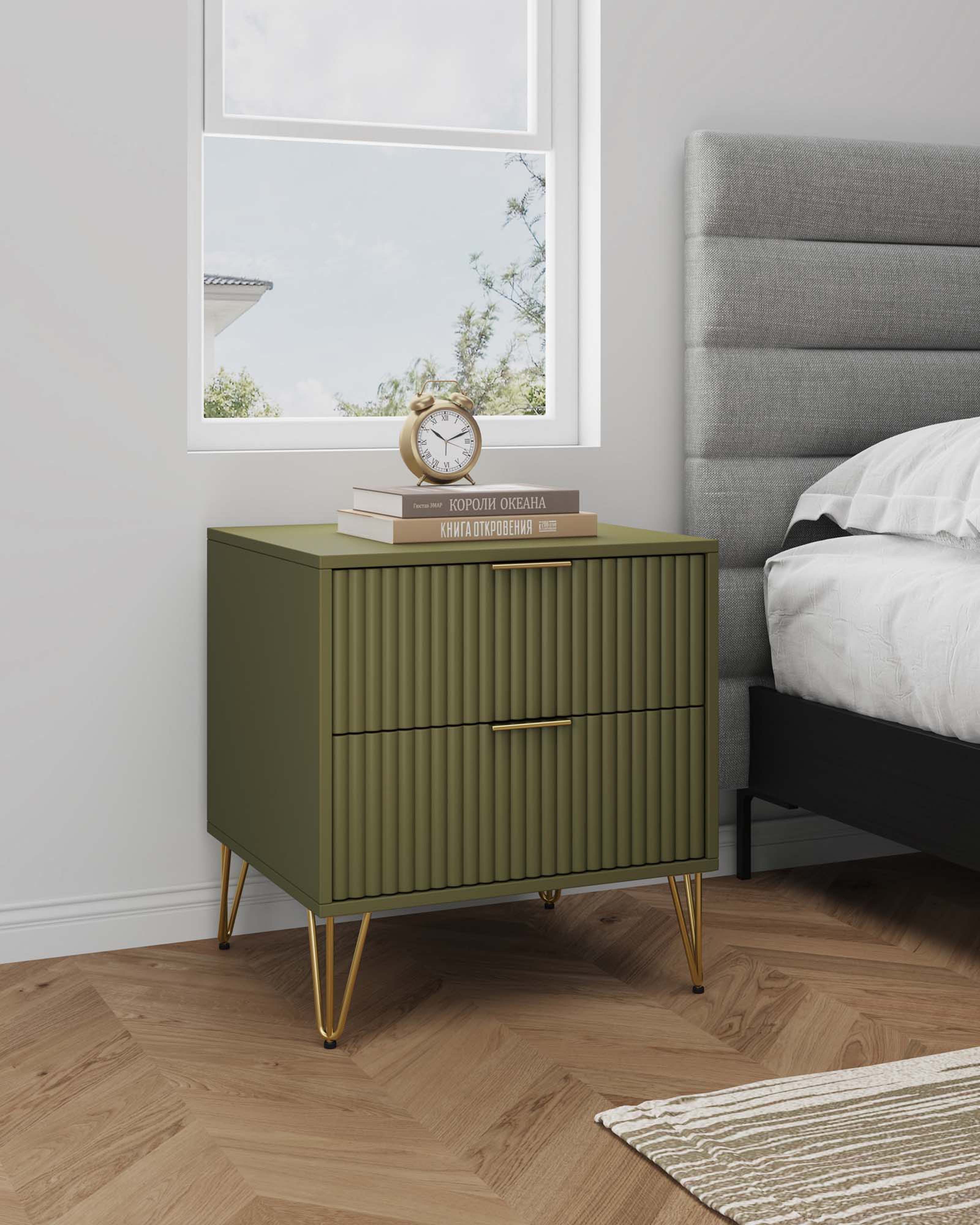 Angle. Manhattan Comfort - Dumbo Modern 20" Fluted Nightstand - Olive Green.