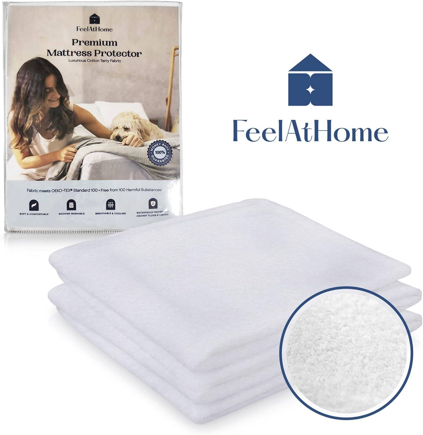 FeelAtHome Premium Mattress Protector  
Luxurious Cotton Terry Fabric  

Fabric meets OEKO-TEX® Standard 100 + Free from 100 Harmful Substances  

- Soft & Comfortable  
- Machine Washable  
- Breathable  
- Water Resistant & Cool