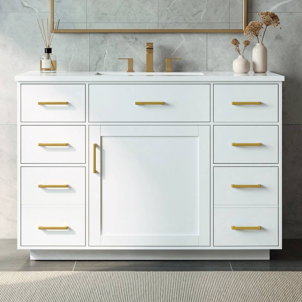 Back. Loheer - Loheer 48 inch bathroom vanity with sink, white freestanding vanity cabinet with 7 drawers - White.
