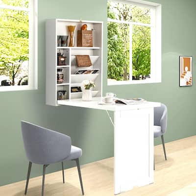Costway Wall Mounted Computer Convertible Desk with Bookcases Costway Wall Mounted Computer Convertible Desk with Bookcases