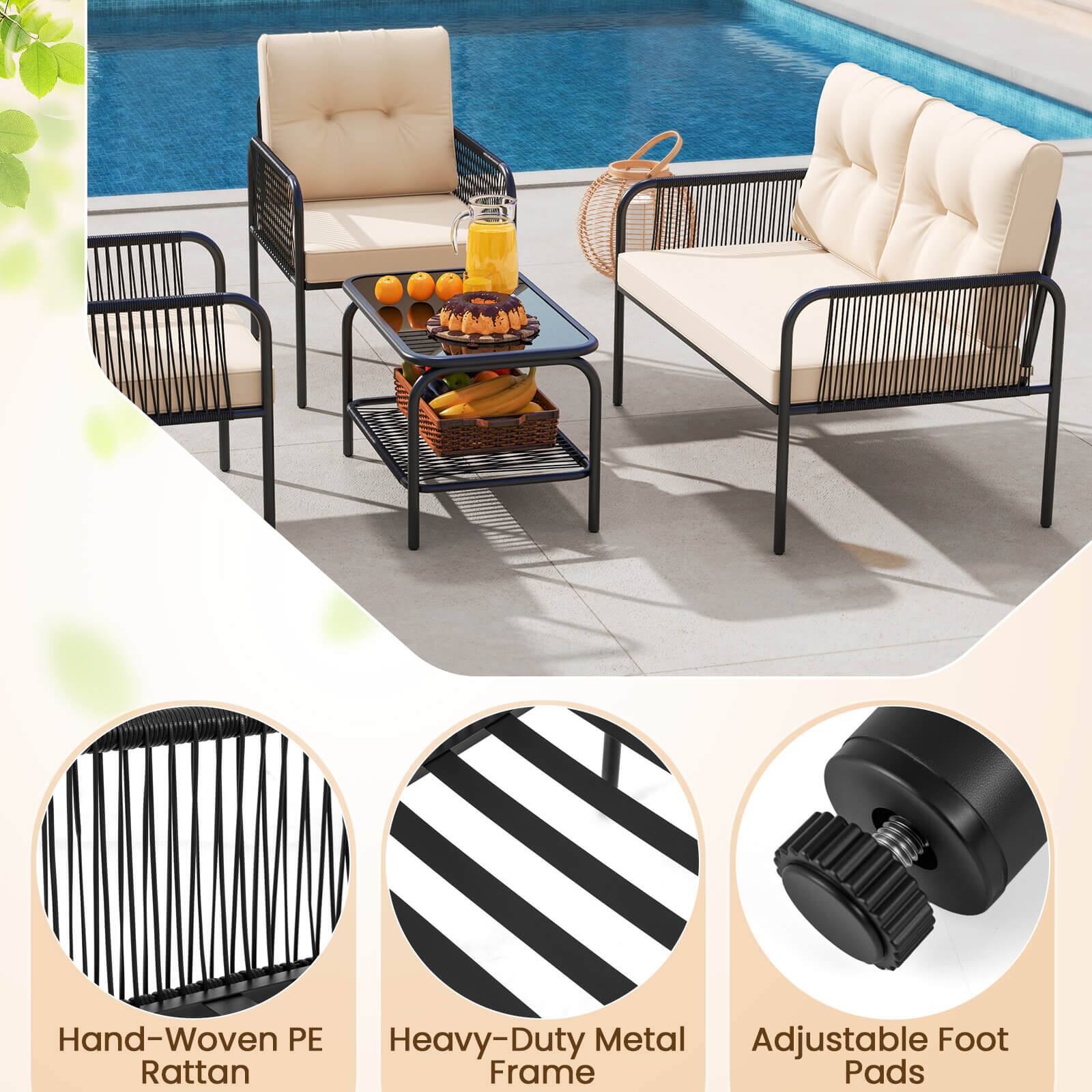 Hand-Woven PE Rattan  
Heavy-Duty Metal Frame  
Adjustable Foot Pads