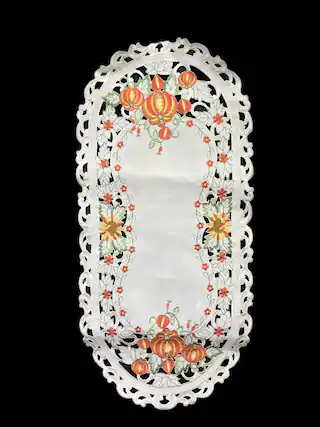 Front. Jiallo - Pumpkin Embroidered Cutwork Rectangular Table Runner, 13 by 27 inch Table Linen - Beige.