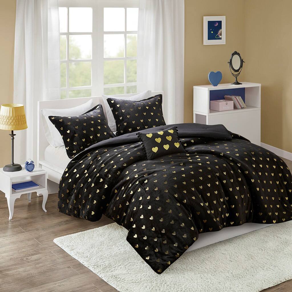 Gracie Mills - Elysia Metallic Printed Plush Comforter Set - Black/Gold - Thumbnail 2
