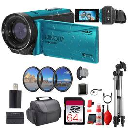 Bundle - Minolta - MN4K300WP 4K Ultra HD / 56 MP Waterproof Camcorder - Blue - - Blue