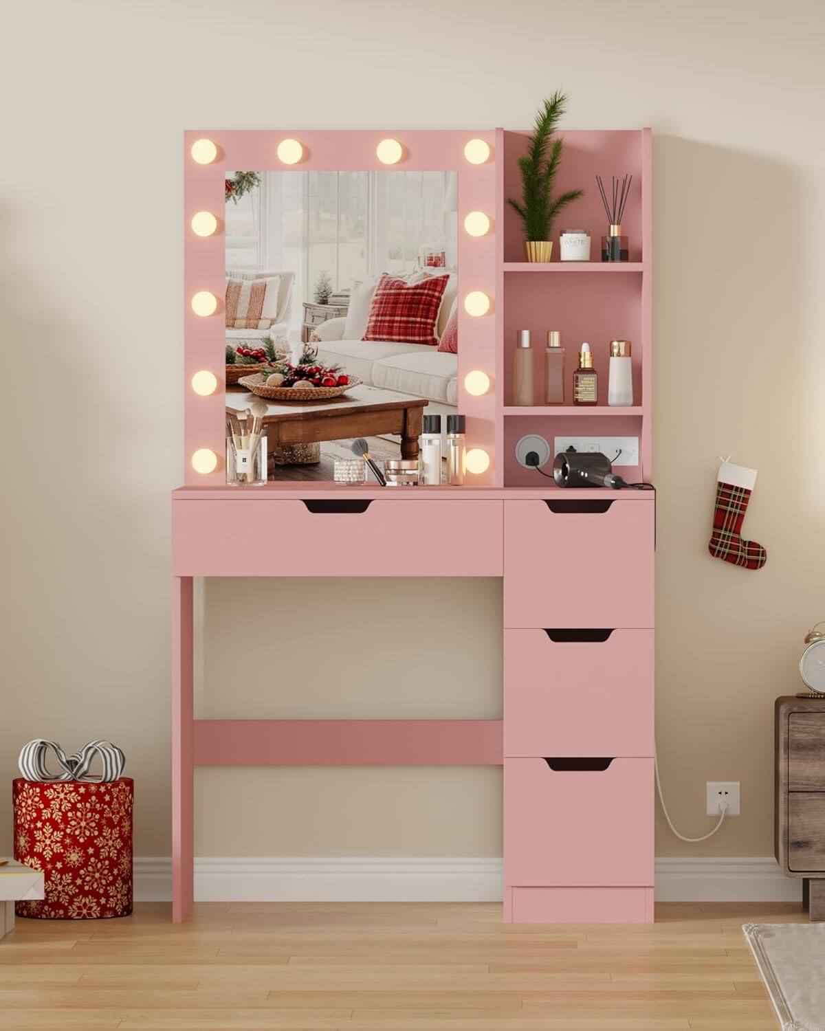 GARVEE - Makeup Vanity with Mirror,12 LED Lights with 3 Adjustable Lighting Modes and Brightness Levels, Built-in Power Outlet - Pink