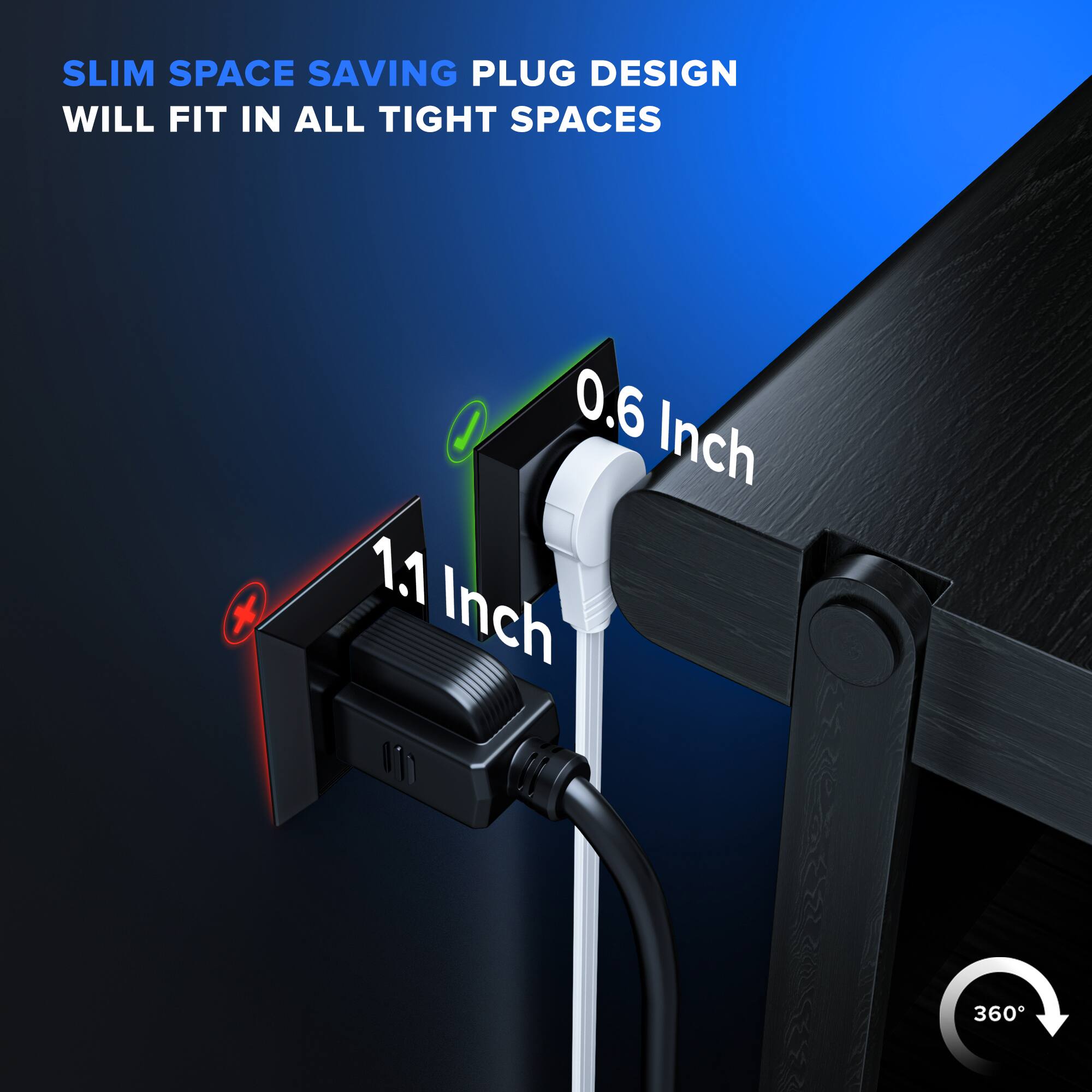 SLIM SPACE SAVING PLUG DESIGN WILL FIT IN ALL TIGHT SPACES 0.6 Inch 1.1 Inch 360°