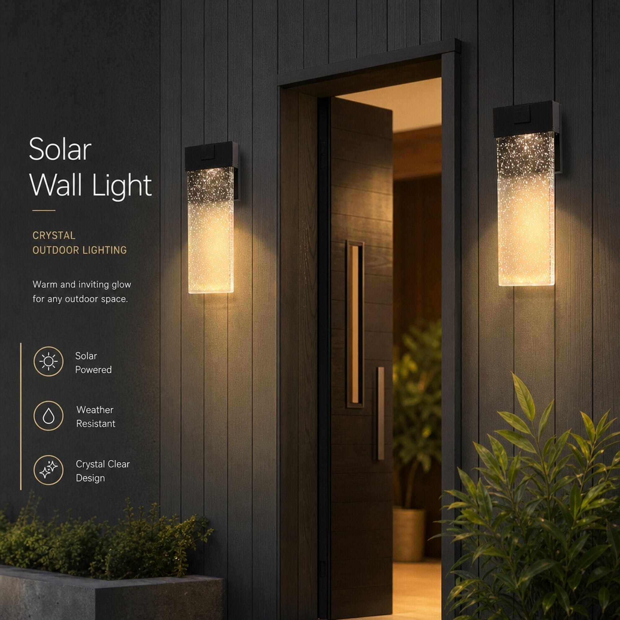 Solar Wall Light

CRYSTAL OUTDOOR LIGHTING

Warm and inviting glow for any outdoor space.

Solar Powered

Weather Resistant

Crystal Clear Design