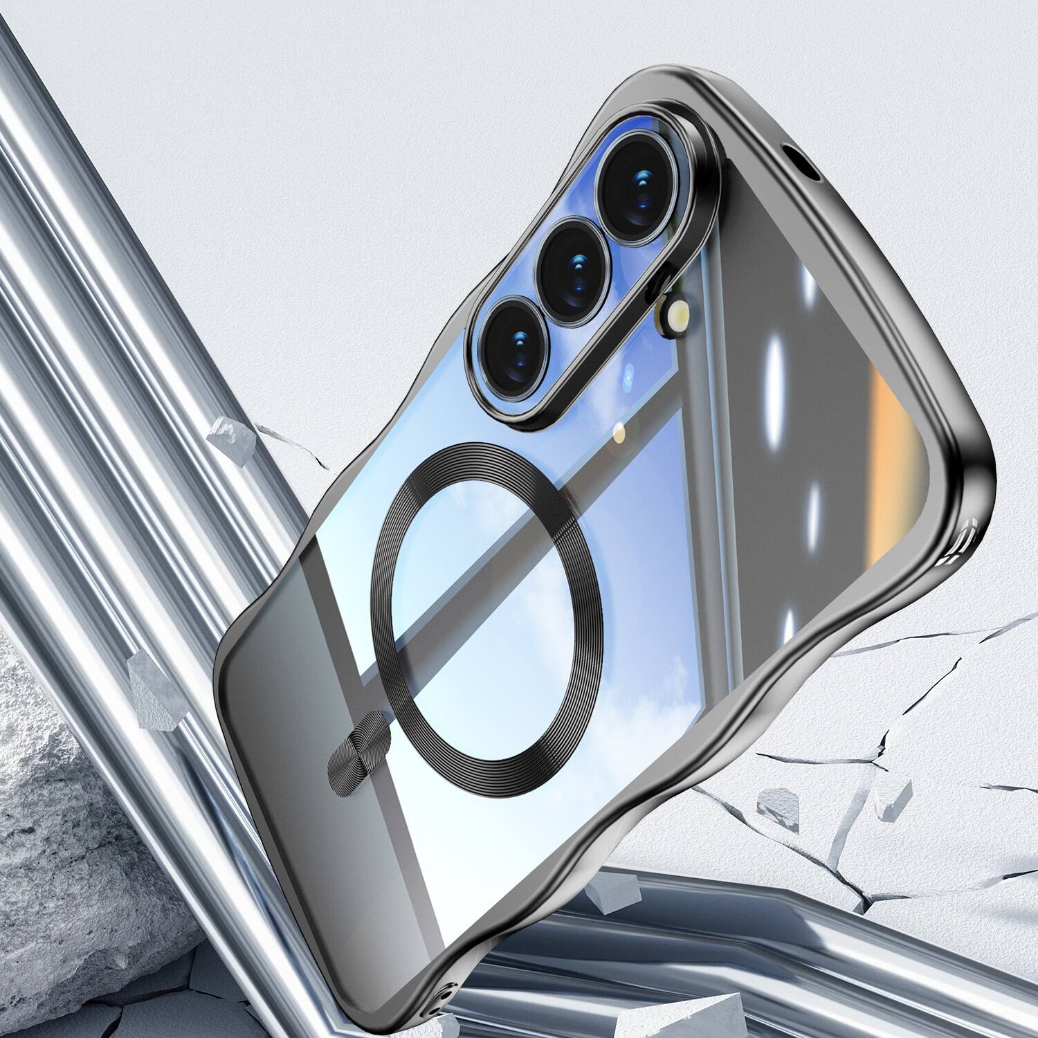 Alt View 2. Dteck - Magnetic Case Samsung Galaxy S26+ Built-in Lens Protector Shockproof Plating Curly Wavy Frame Clear Back Cover - Black.