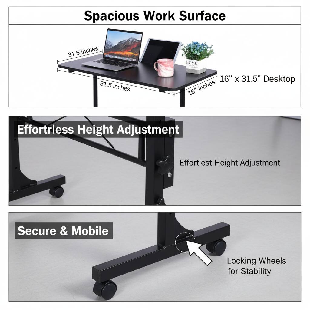 Spacious Work Surface  
31.5 inches HOME  
31.5 inches  
16" x 31.5" Desktop  
16" inches  

Effortless Height Adjustment  

Secure & Mobile  
Locking Wheels for Stability
