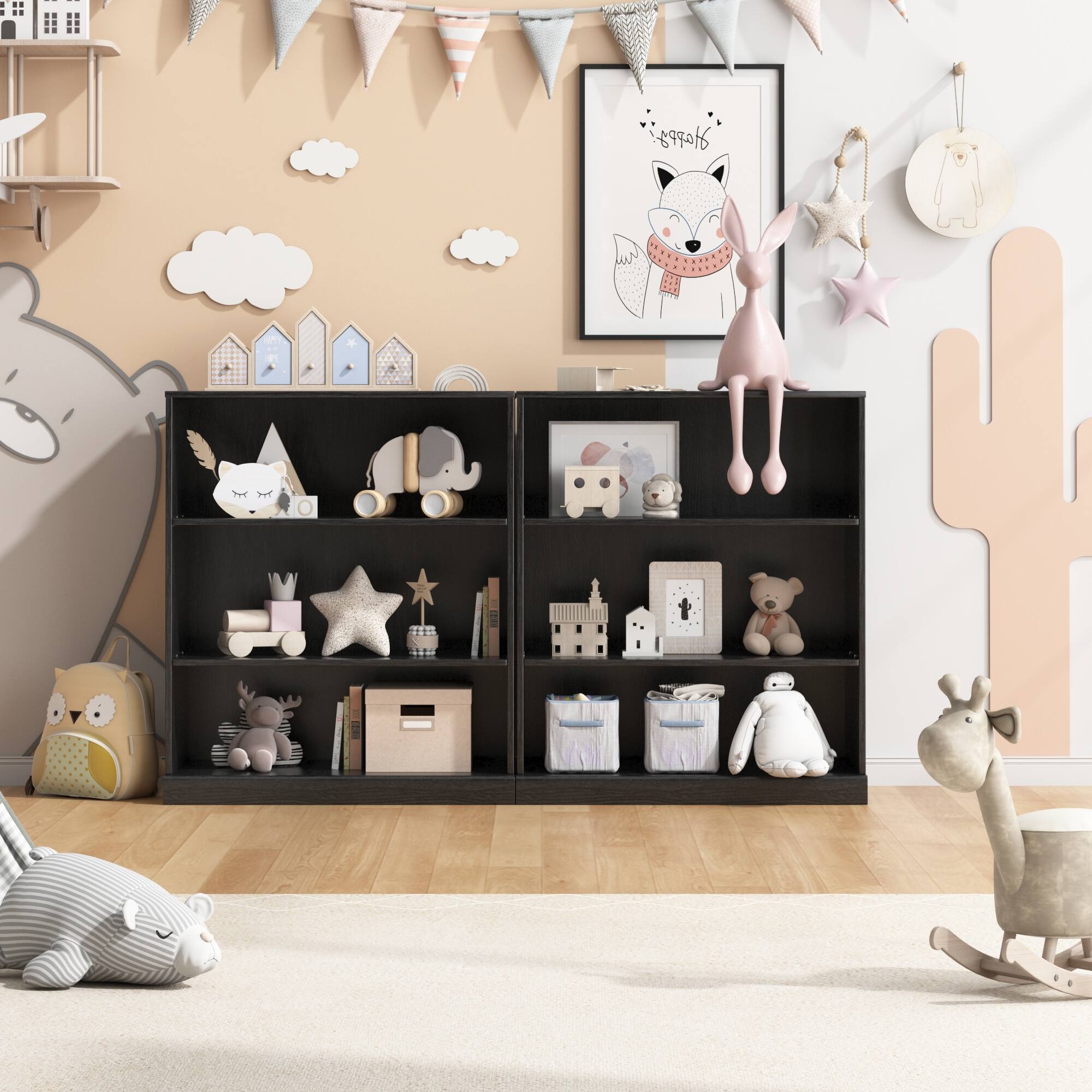 Alt View 1. PexFix - 31 in. 3-Shelf Solid Wood Storage Bookcase Farmhouse Multi-Functional Display Cabinet Furniture with Adjustable Shelves - Black.