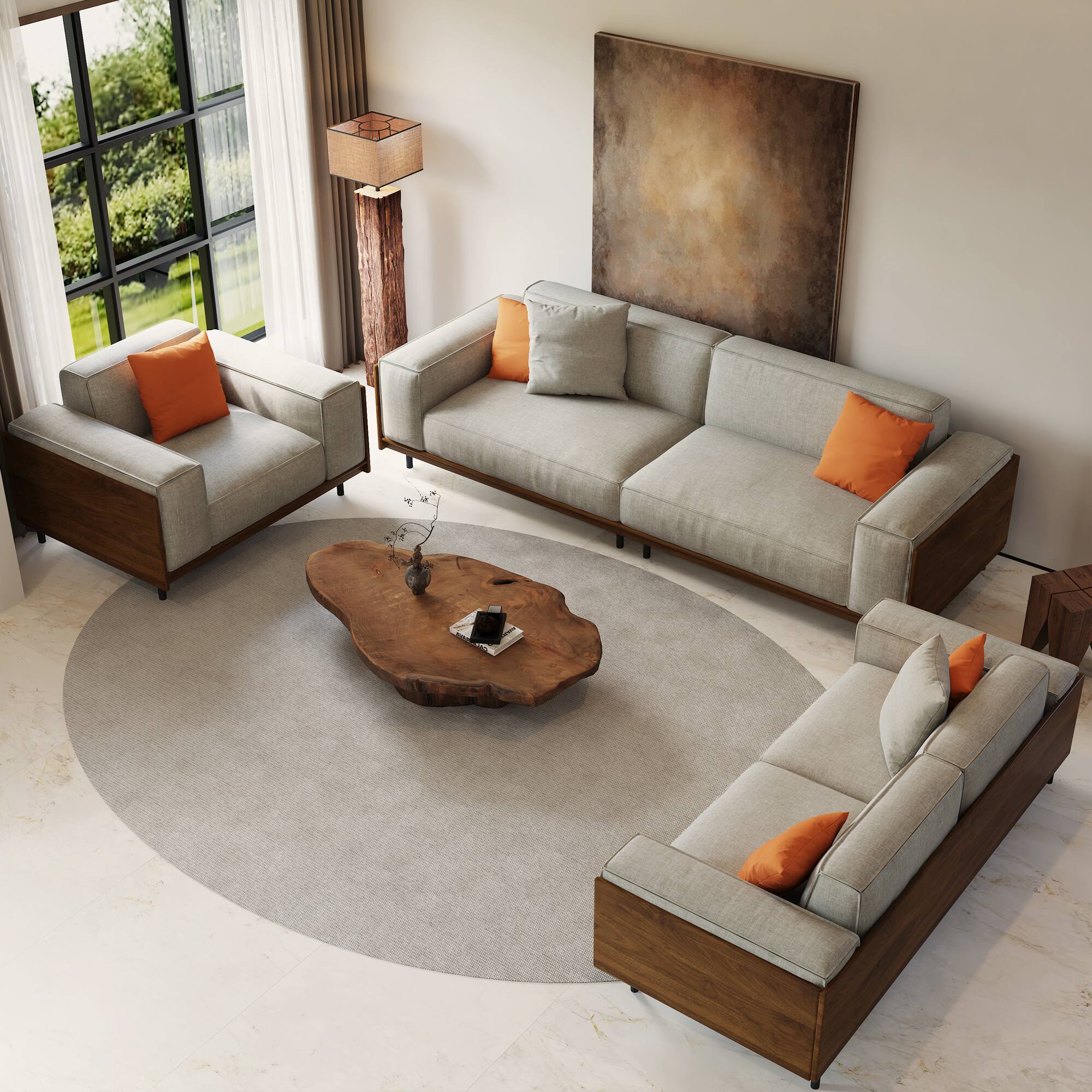Angle. luck idea - Mid-Century Modern Sofa, Fabric Sofa Couch, Living Room Sofa with Solid Wood Frame, Cotton-Linen Upholstery, Gray - Gray 2-Seat.