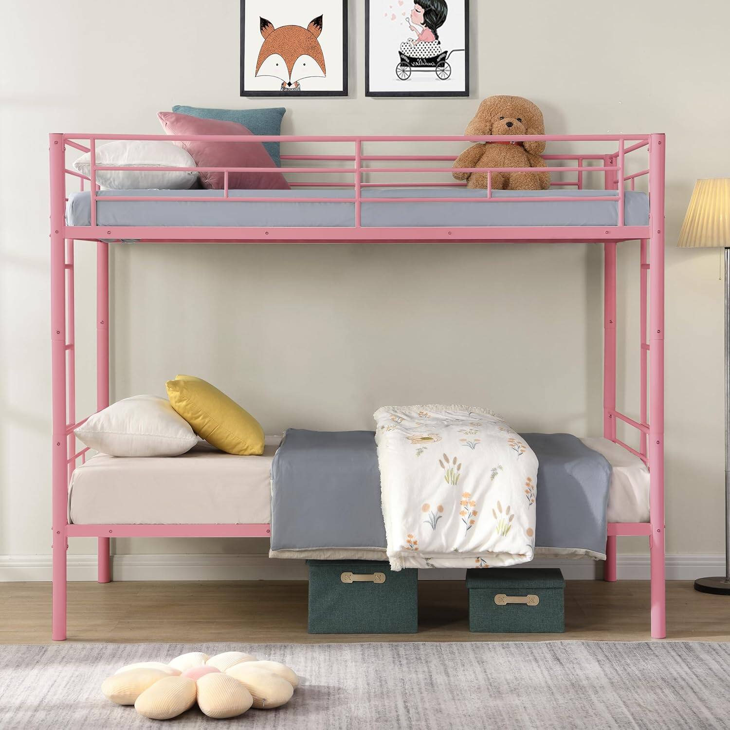 Front. Trinkets Crazed - Twin Over Twin Size Metal Detachable Bunk Bed Frame with 2 Side Ladder and Guardrail - pink.