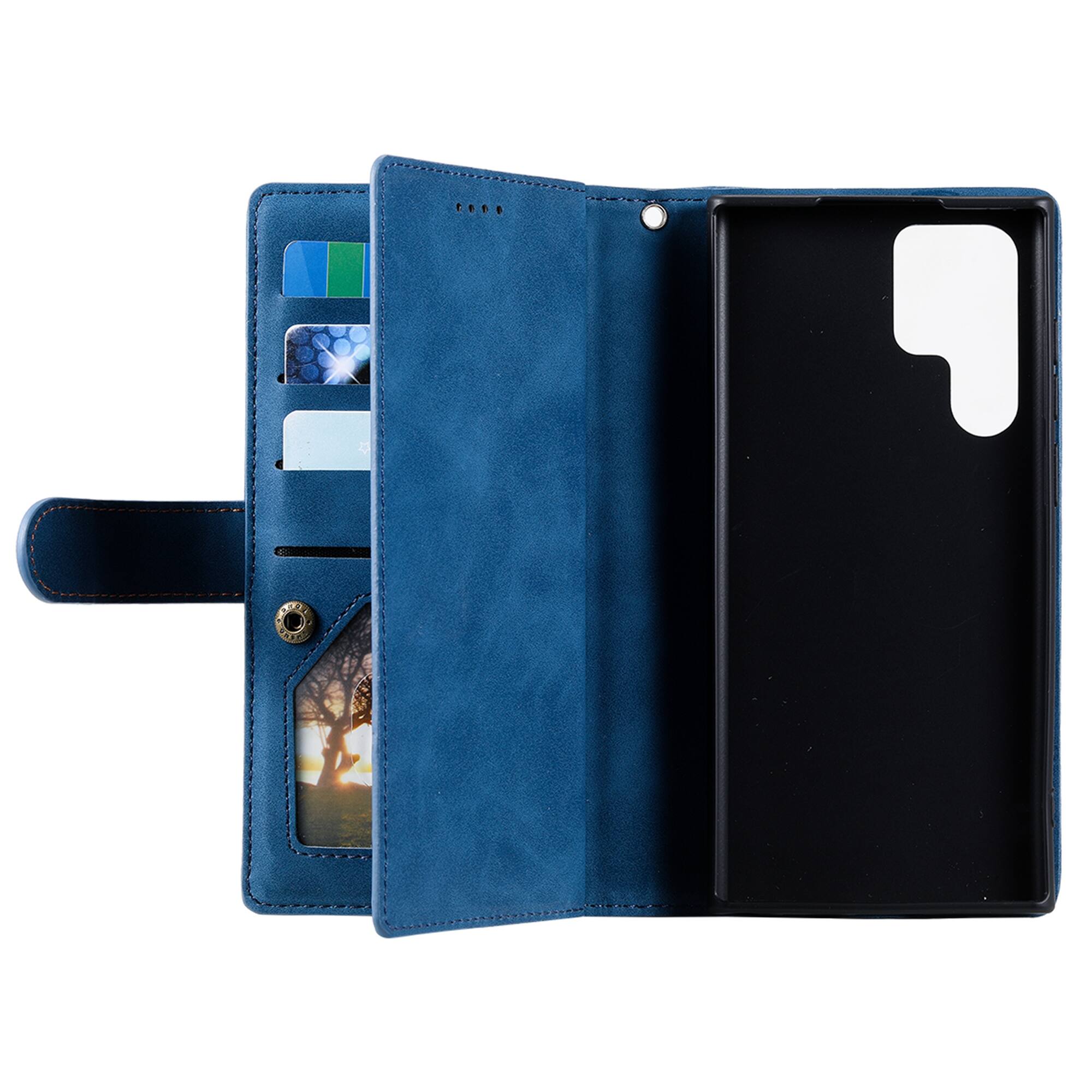 Back. Dteck - Multi-Functional Wallet Case for Samsung Galaxy S26, 9 Card Slots Zipper Pocket Stand Premium Leather Cover+Strap - Darkblue.