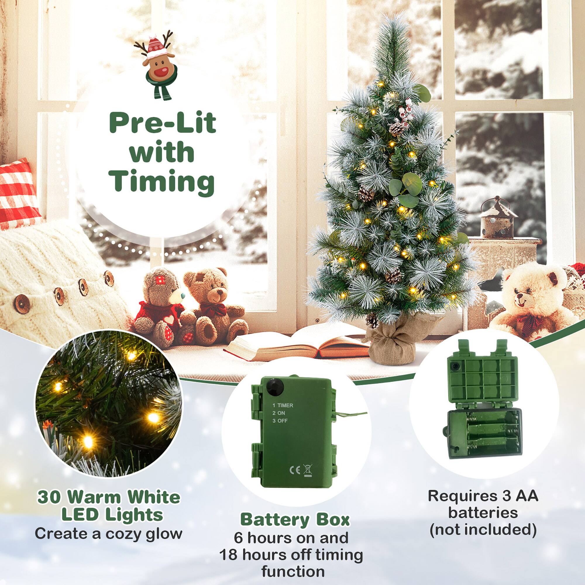 Pre-Lit with Timing

30 Warm White LED Lights  
Create a cozy glow

Battery Box  
6 hours on and 18 hours off timing function

Requires 3 AA batteries (not included)