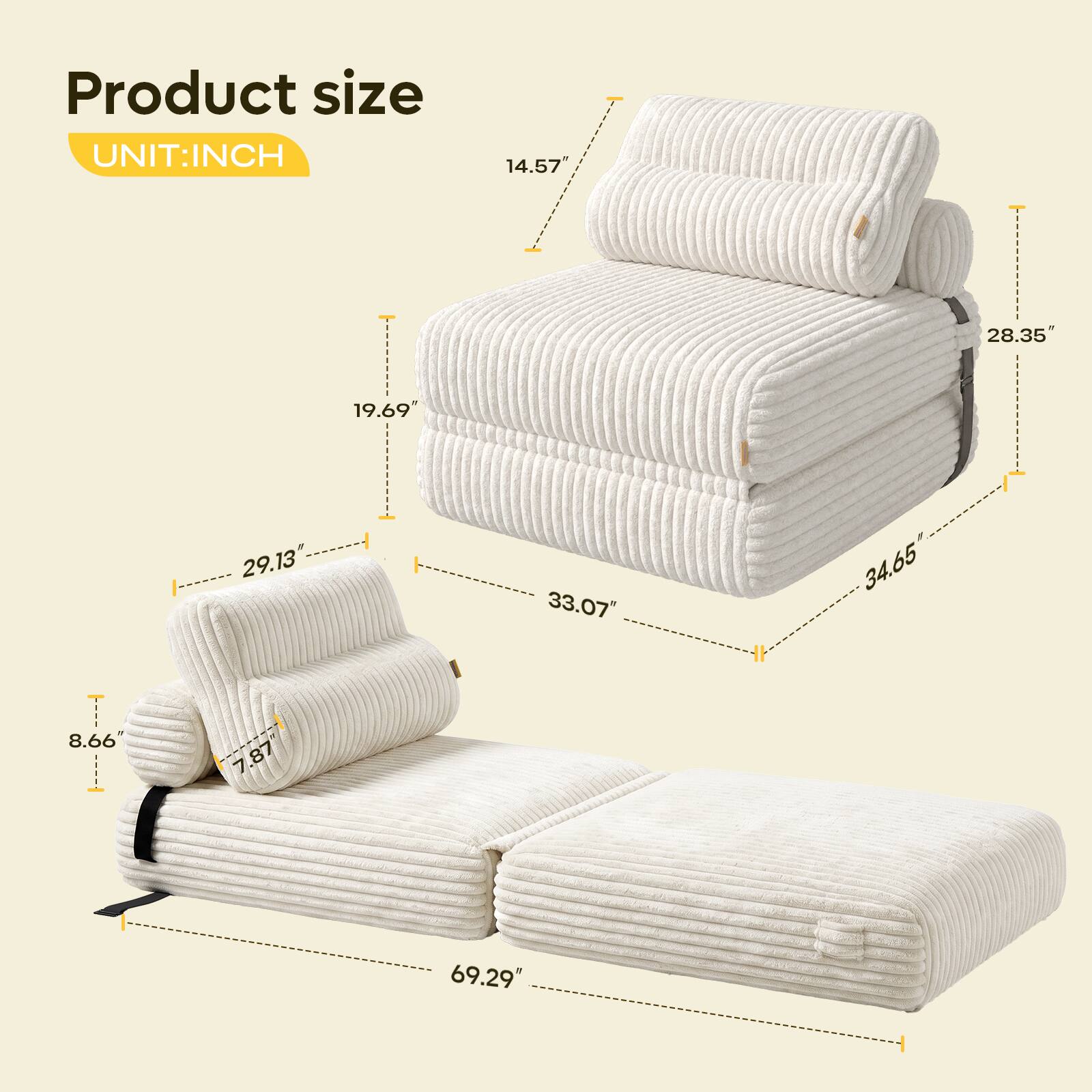 Product size  
UNIT: INCH  
14.57"  
28.35"  
19.69"  
29.13"  
33.07"  
34.65"  
8.66"  
7.87"  
69.29"