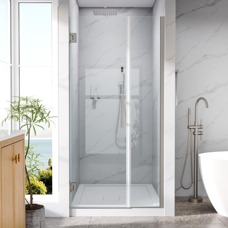 "WELLFOR - 34–35 in. W x 72 in. H Frameless Hinged Shower Door with 3/8"" Clear Tempered Glass, Reversible Opening - Brushed Nickel" price history on PriceWatchPro